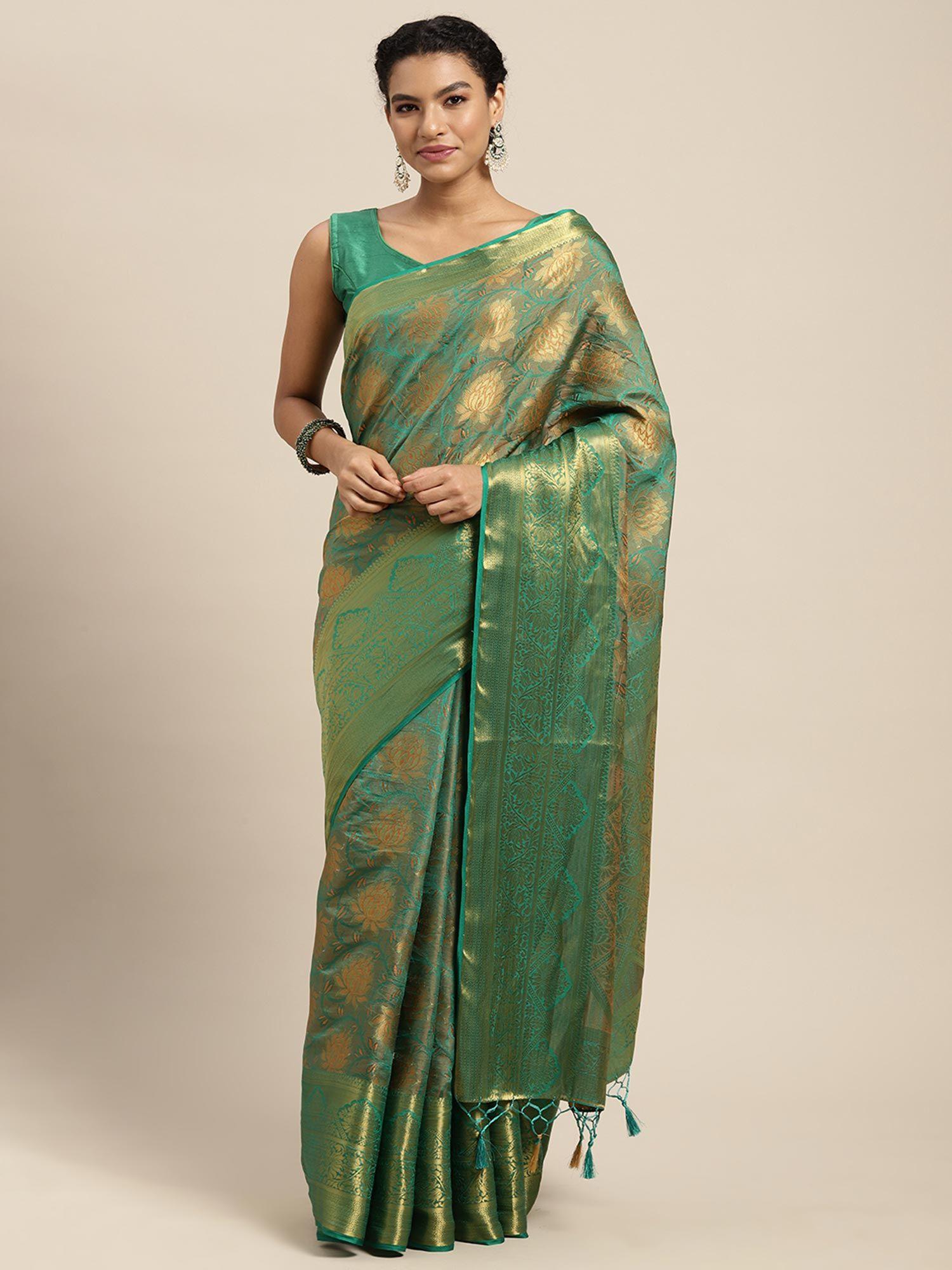 women's kanjivaram art silk green saree with unstitched blouse