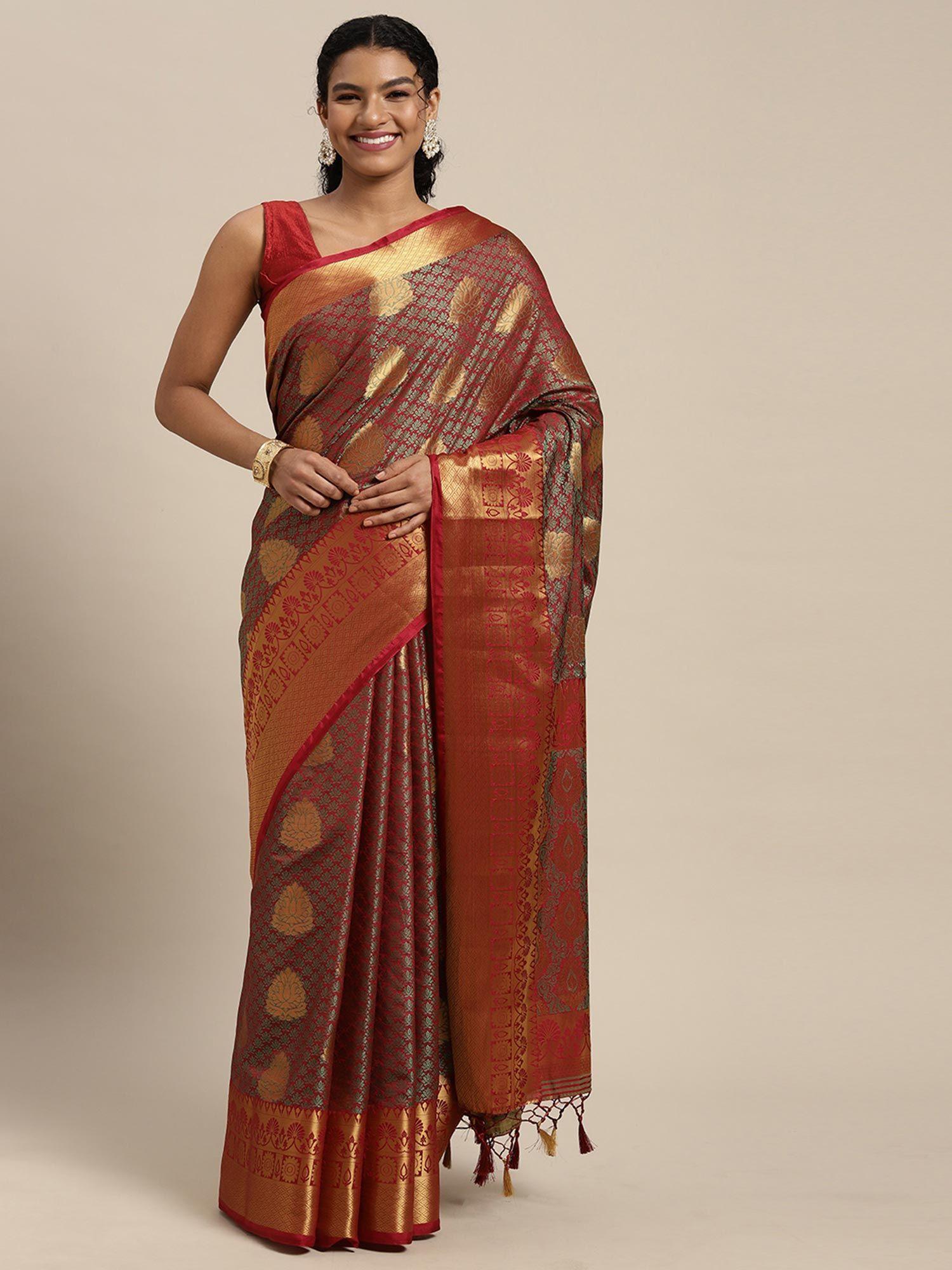 women's kanjivaram art silk maroon saree with unstitched blouse