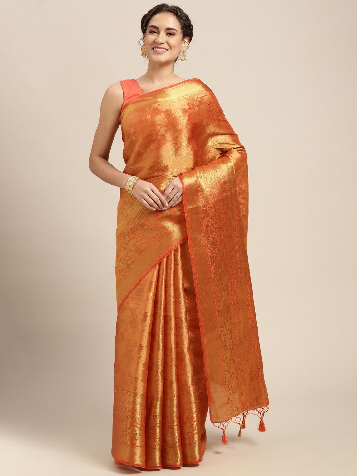 women's kanjivaram art silk orange saree with unstitched blouse