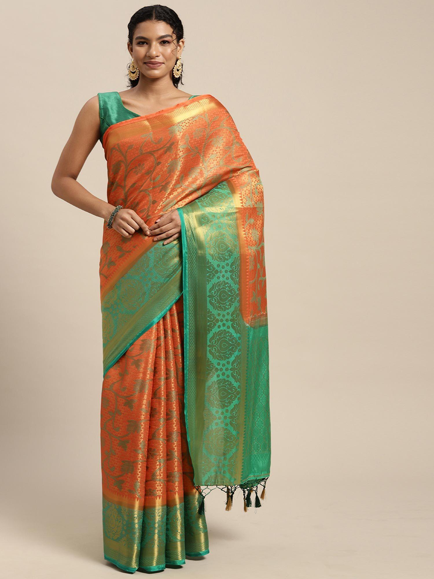 women's kanjivaram art silk orange saree with unstitched blouse