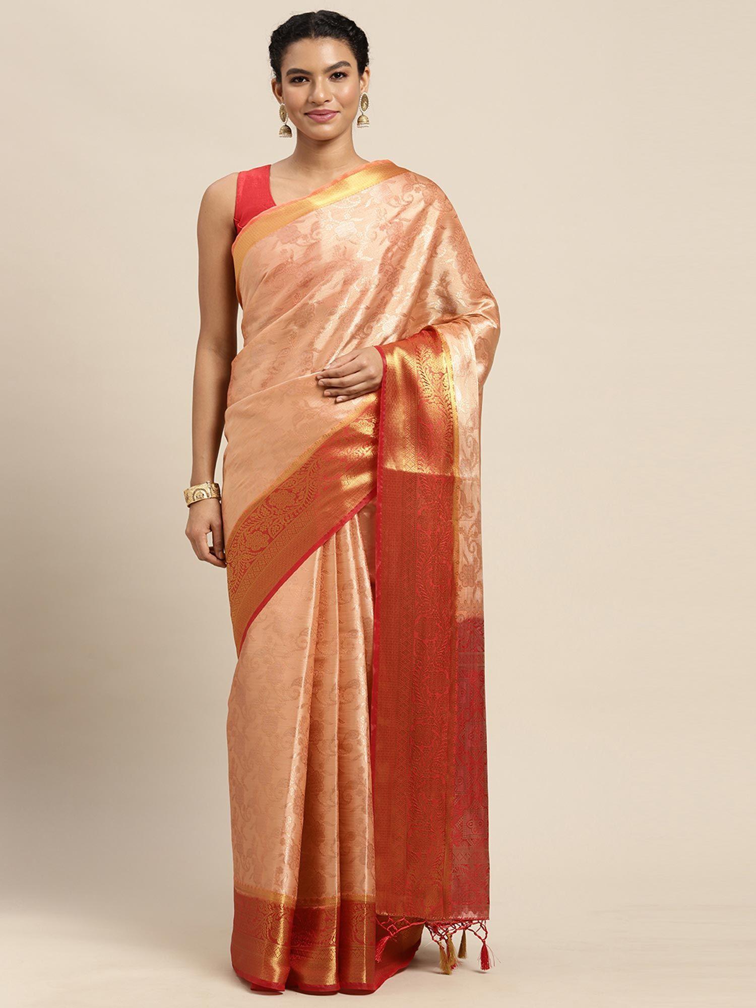 women's kanjivaram art silk peach saree with unstitched blouse