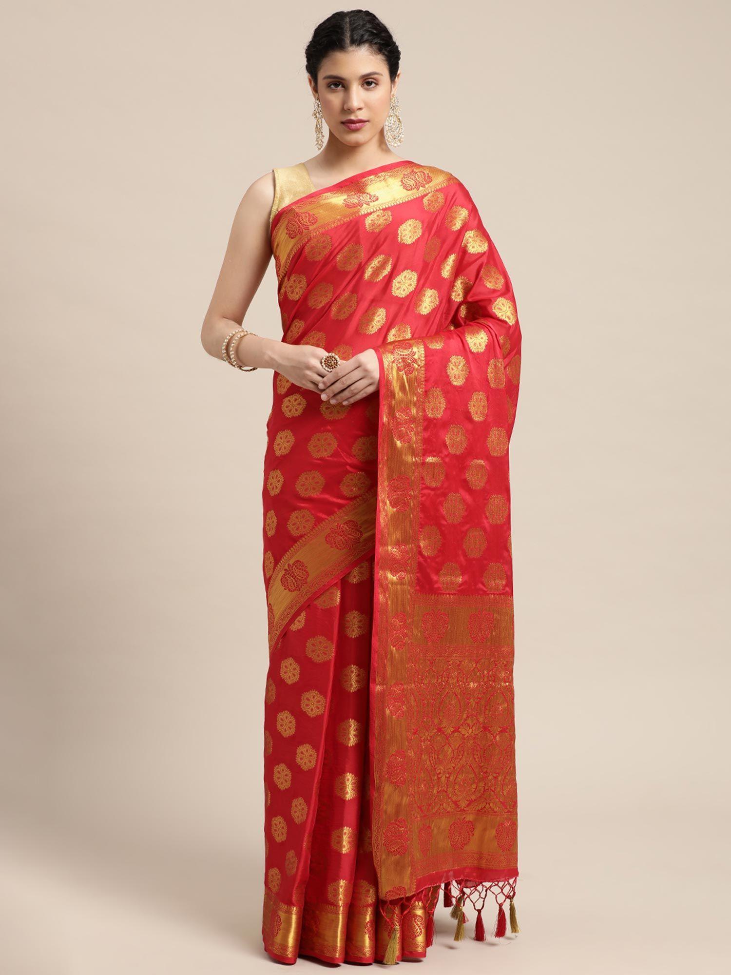 women's kanjivaram crepe red saree with unstitched blouse