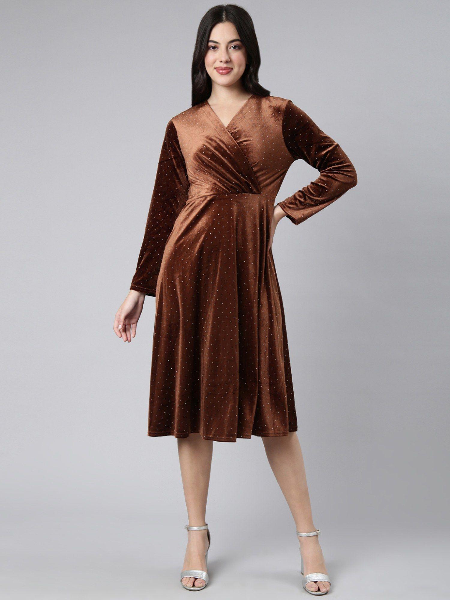 women's knee length embellished v-neck long sleeves brown a-line dress