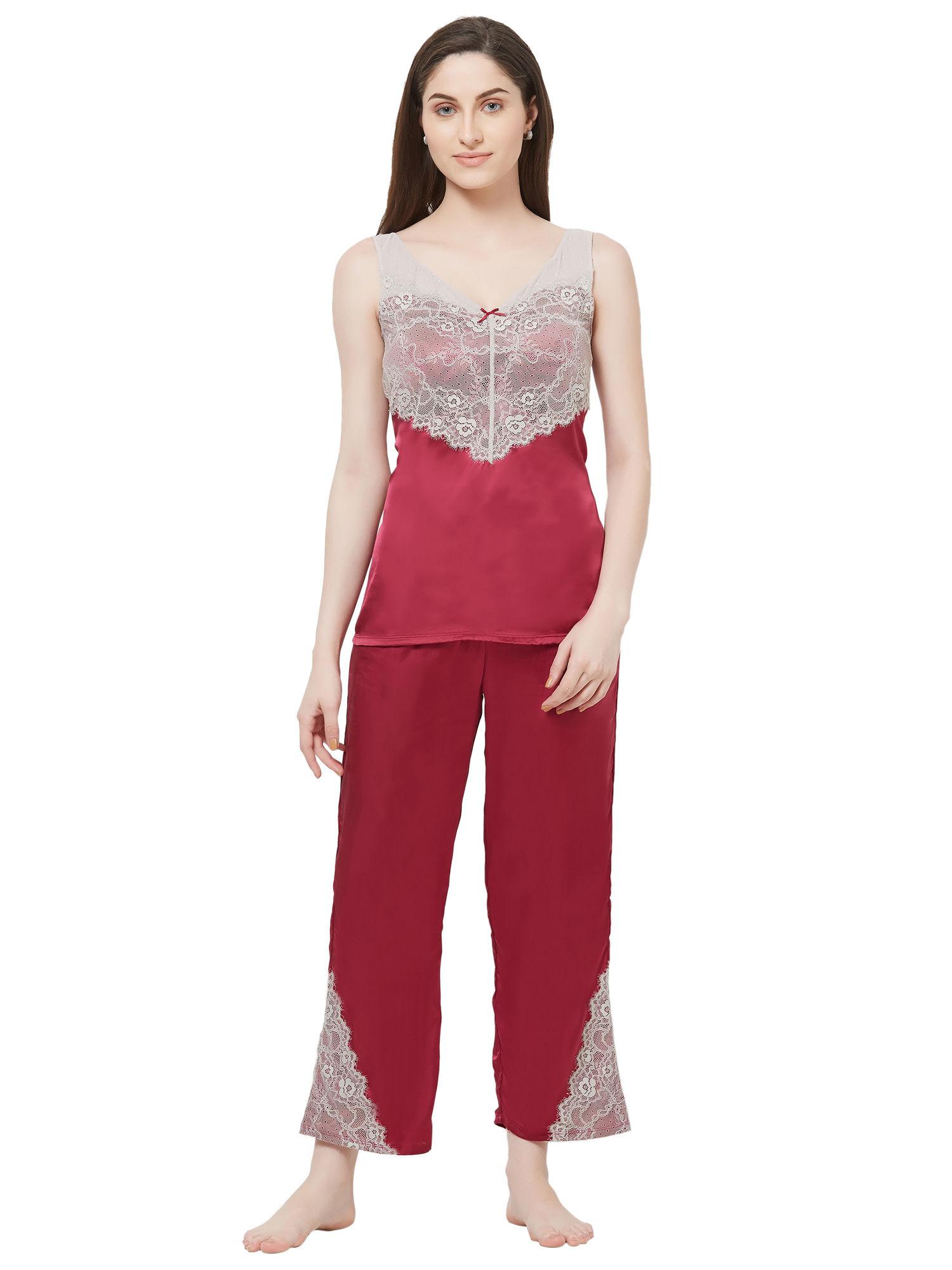 women's laced satin top and pyjama set - red