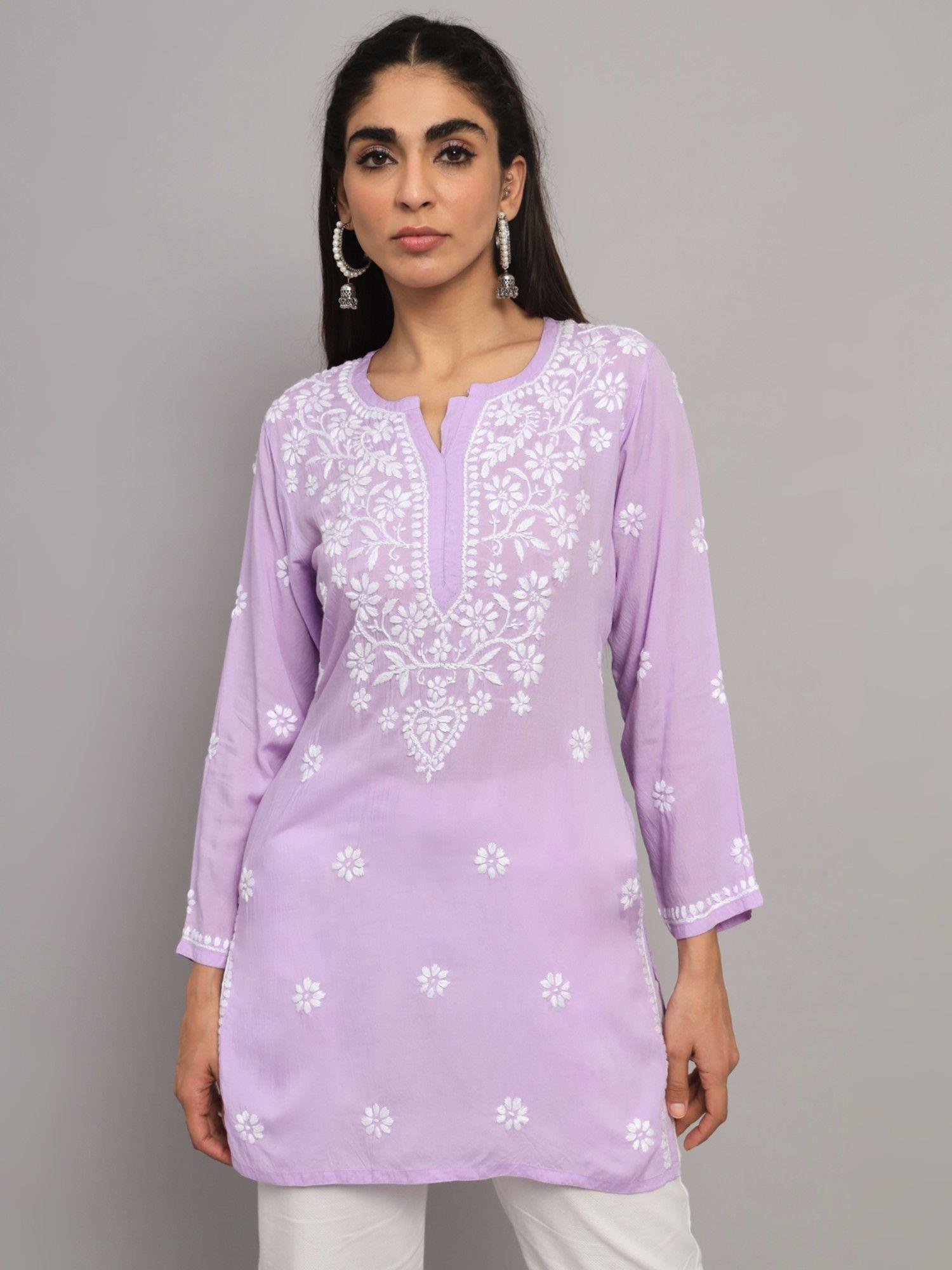 women's lavender hand embroidered chikankari modal tunic