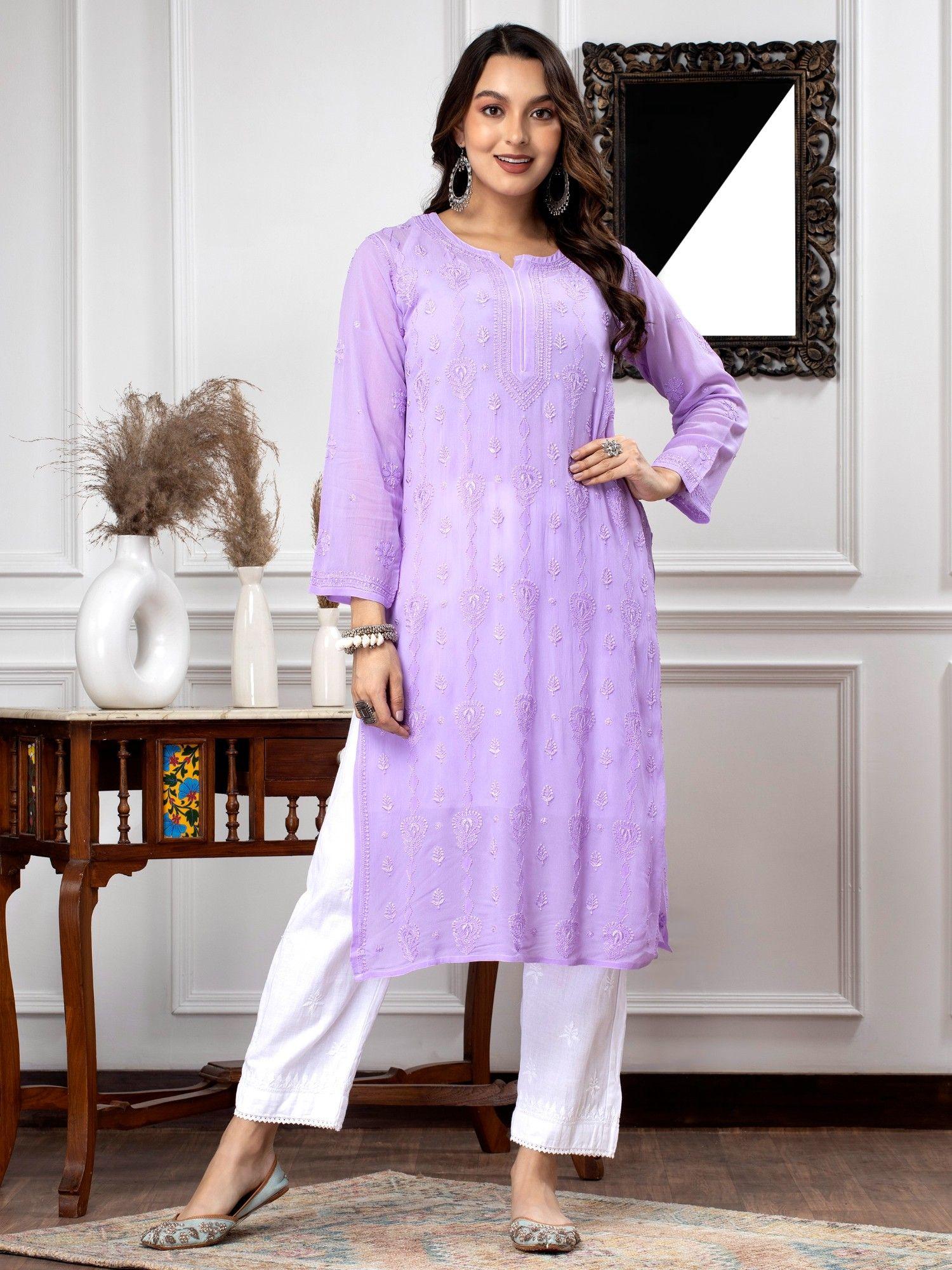 women's lavender hand embroidered chikankari viscose georgette kurta