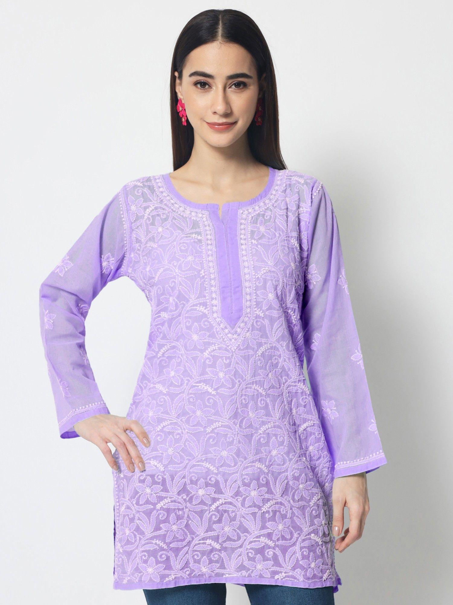 women's lavender hand embroidered lucknowi chikankari cotton tunic