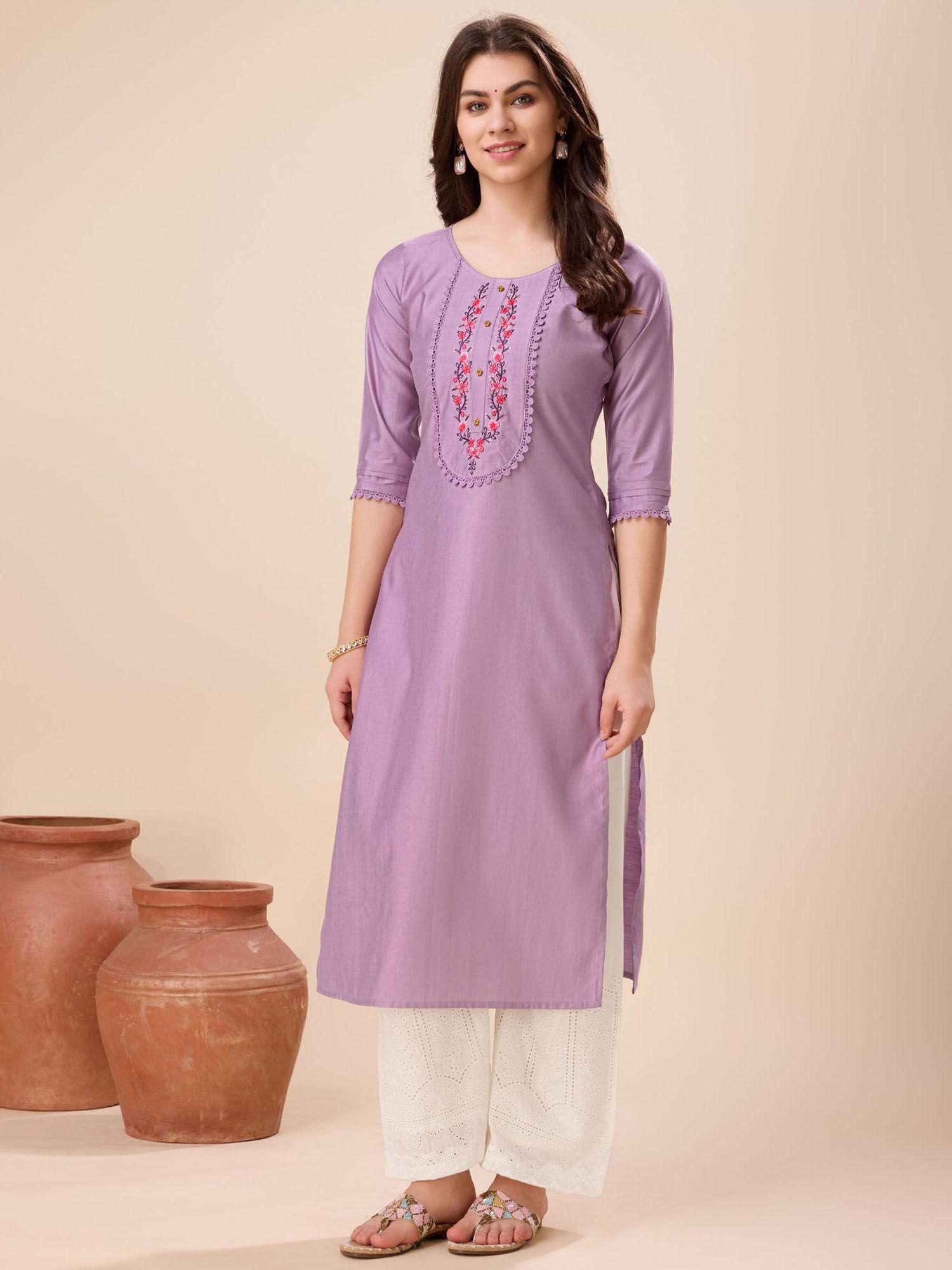 women's lavender viscose lace work embroidered straight kurta