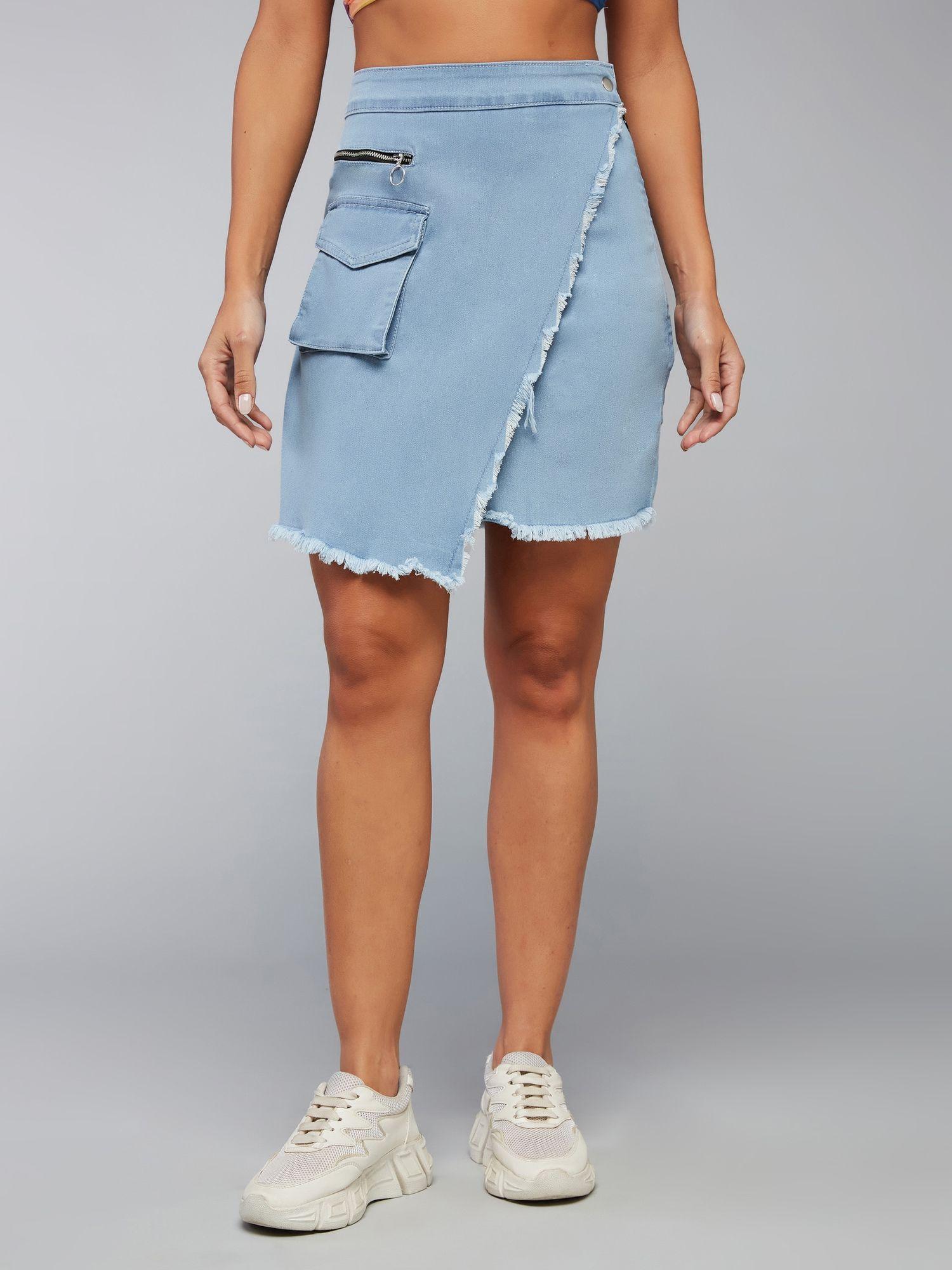 women's light blue high rise above knee stretchable denim mini skirt