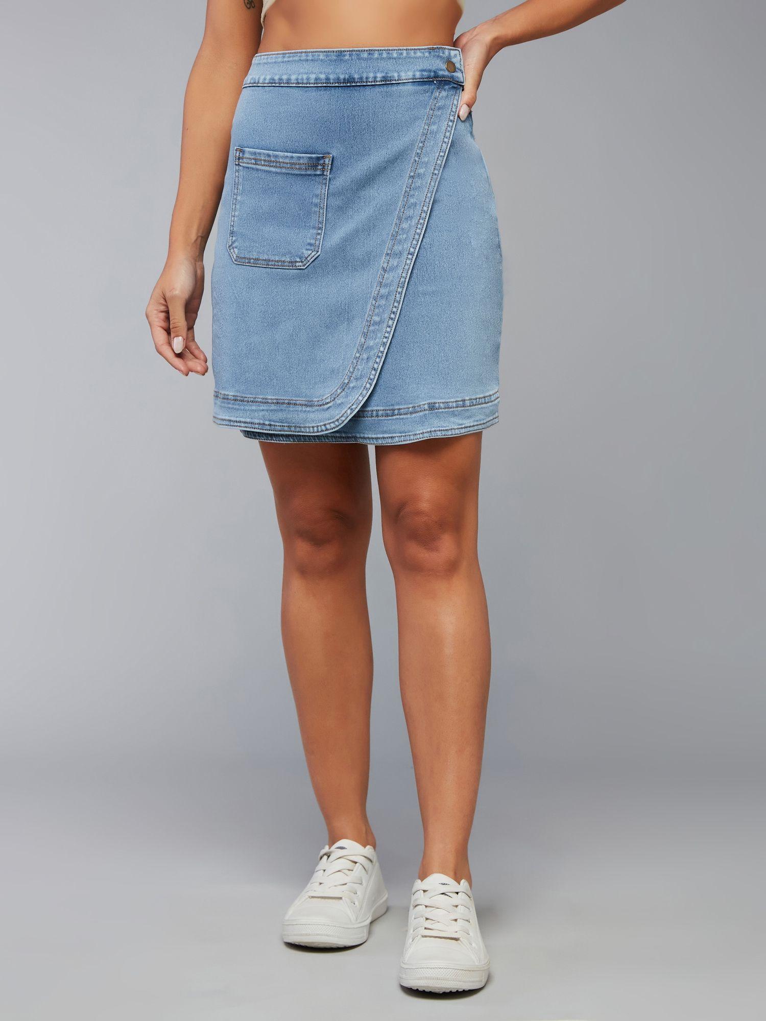 women's light blue high rise above knee stretchable denim mini skirt