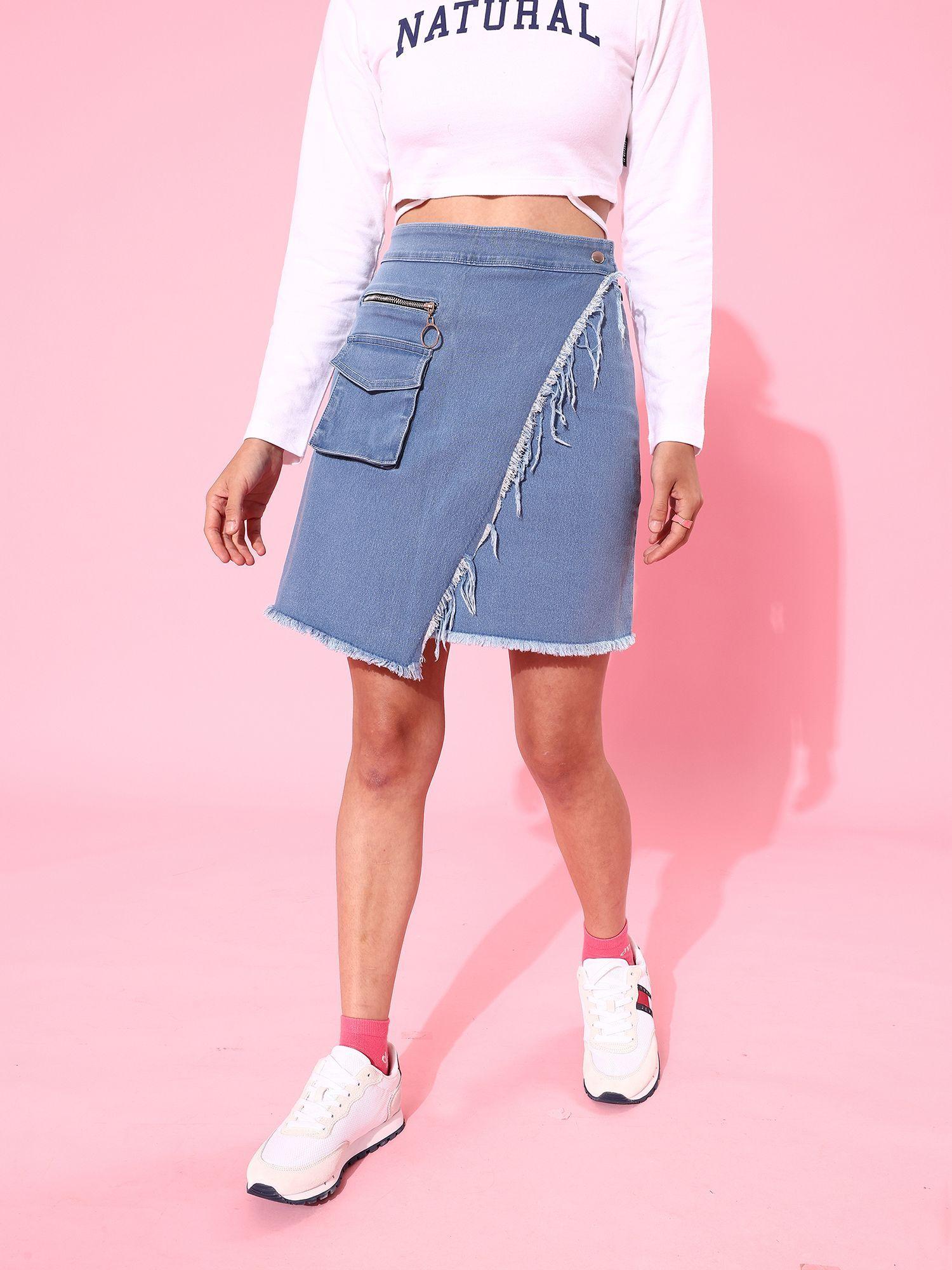 women's light blue high rise above knee stretchable denim mini skirt