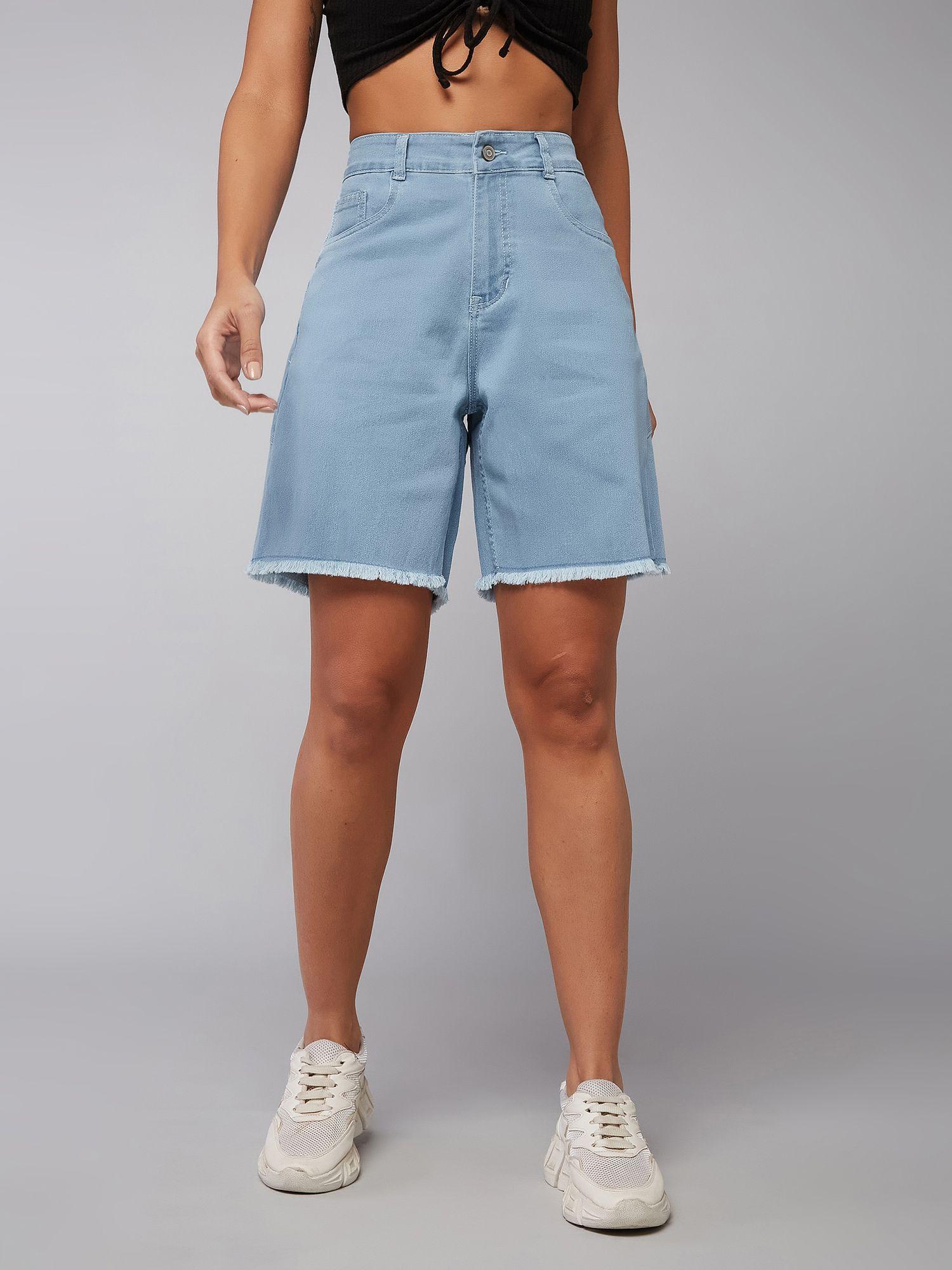 women's light blue high rise above knee stretchable denim shorts