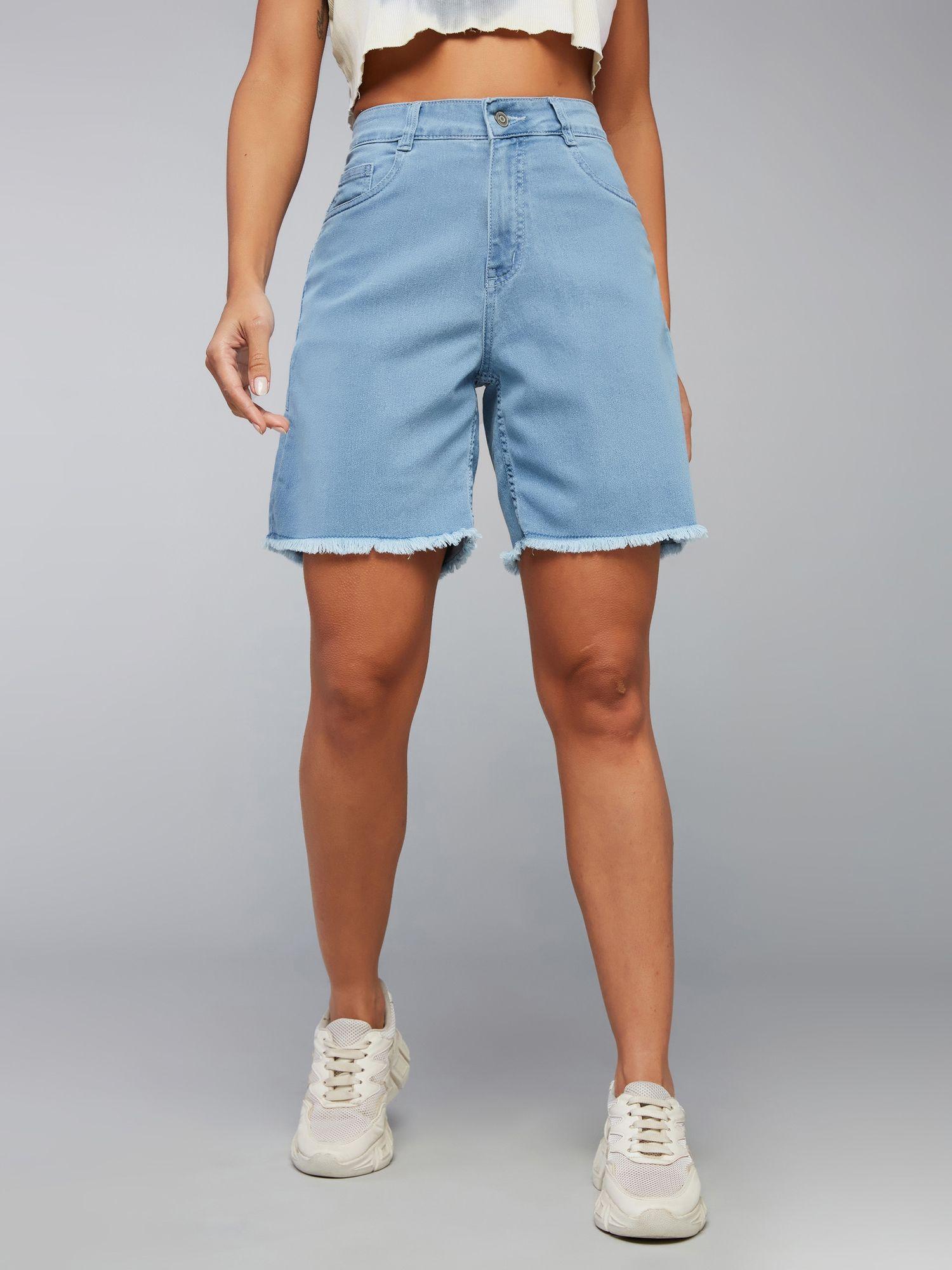 women's light blue high rise above knee stretchable denim shorts