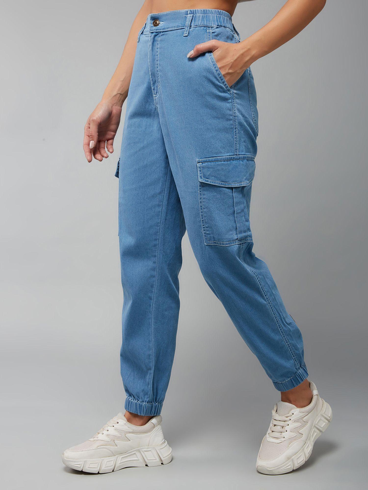 women's light blue high rise clean look stretchable denim joggers
