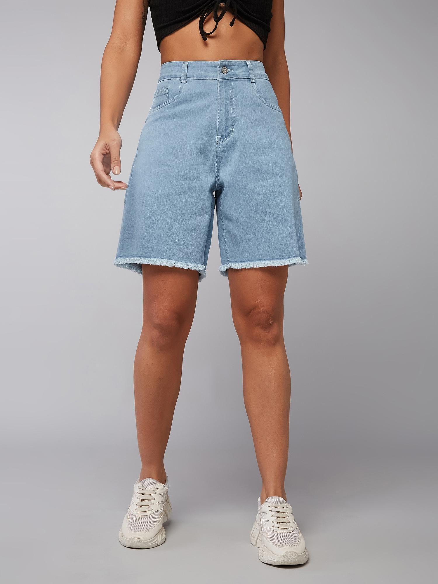 women's light blue regular high rise above knee stretchable denim shorts