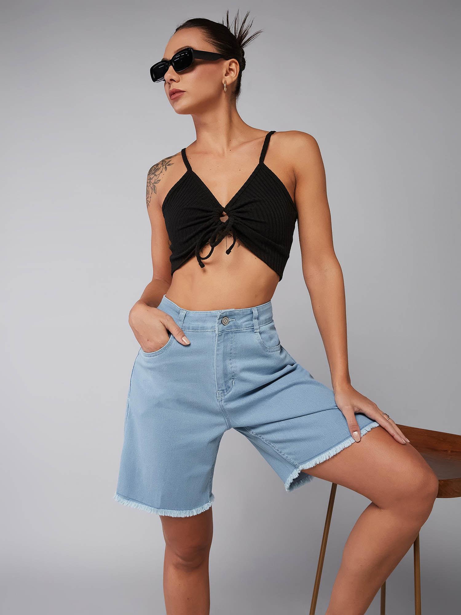 women's light blue regular high rise clean look above knee stretchable denim shorts