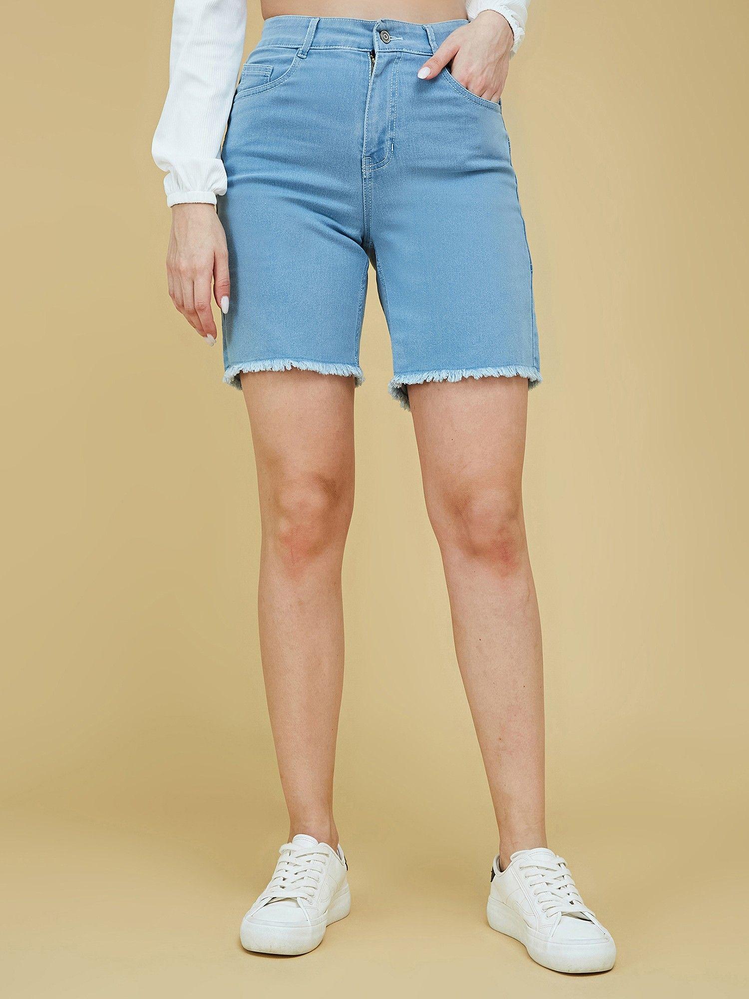 women's light blue regular high rise stretchable denim shorts