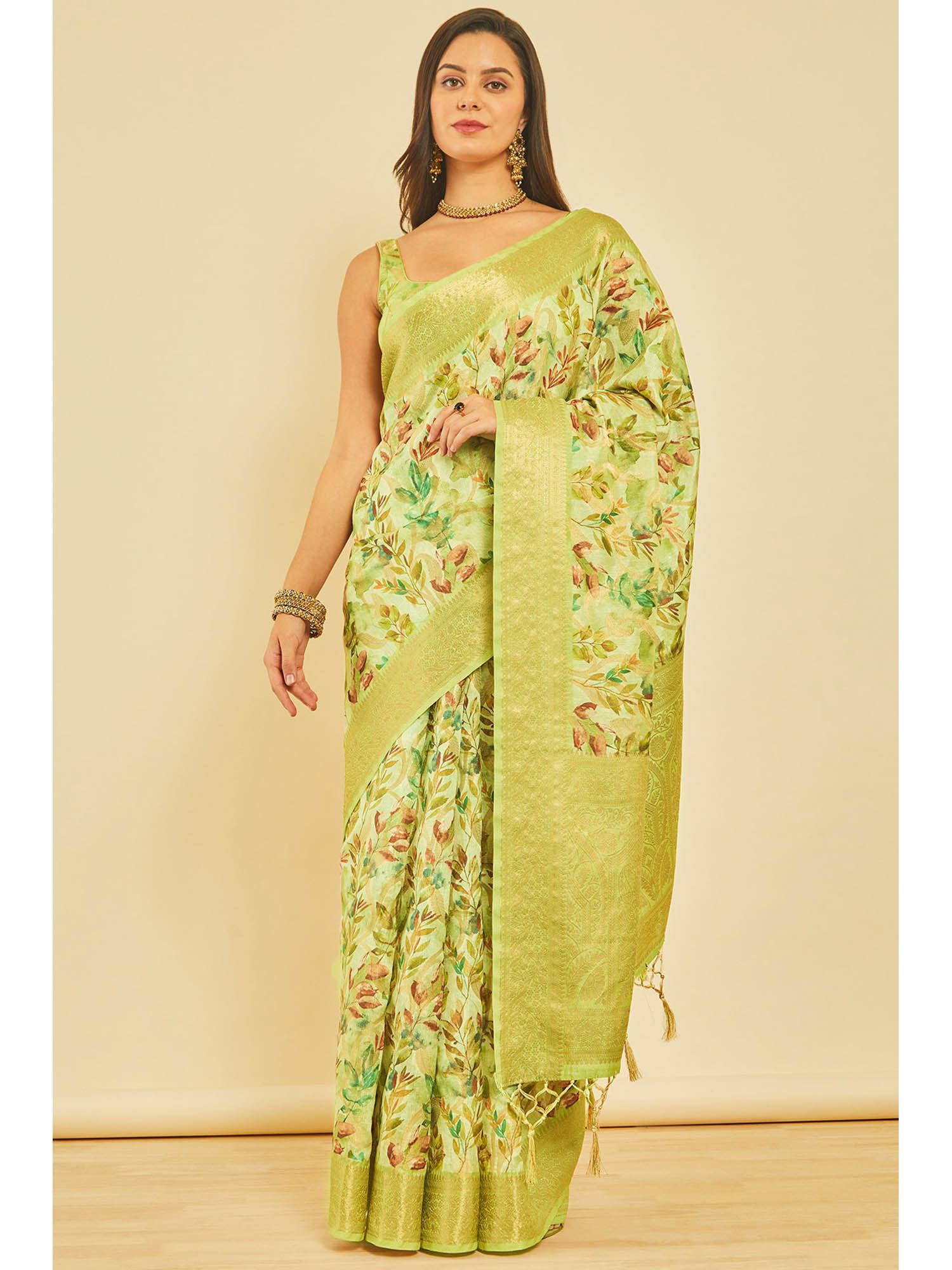 women's light green floral print chanderi jacquard weave saree with unstitched blouse