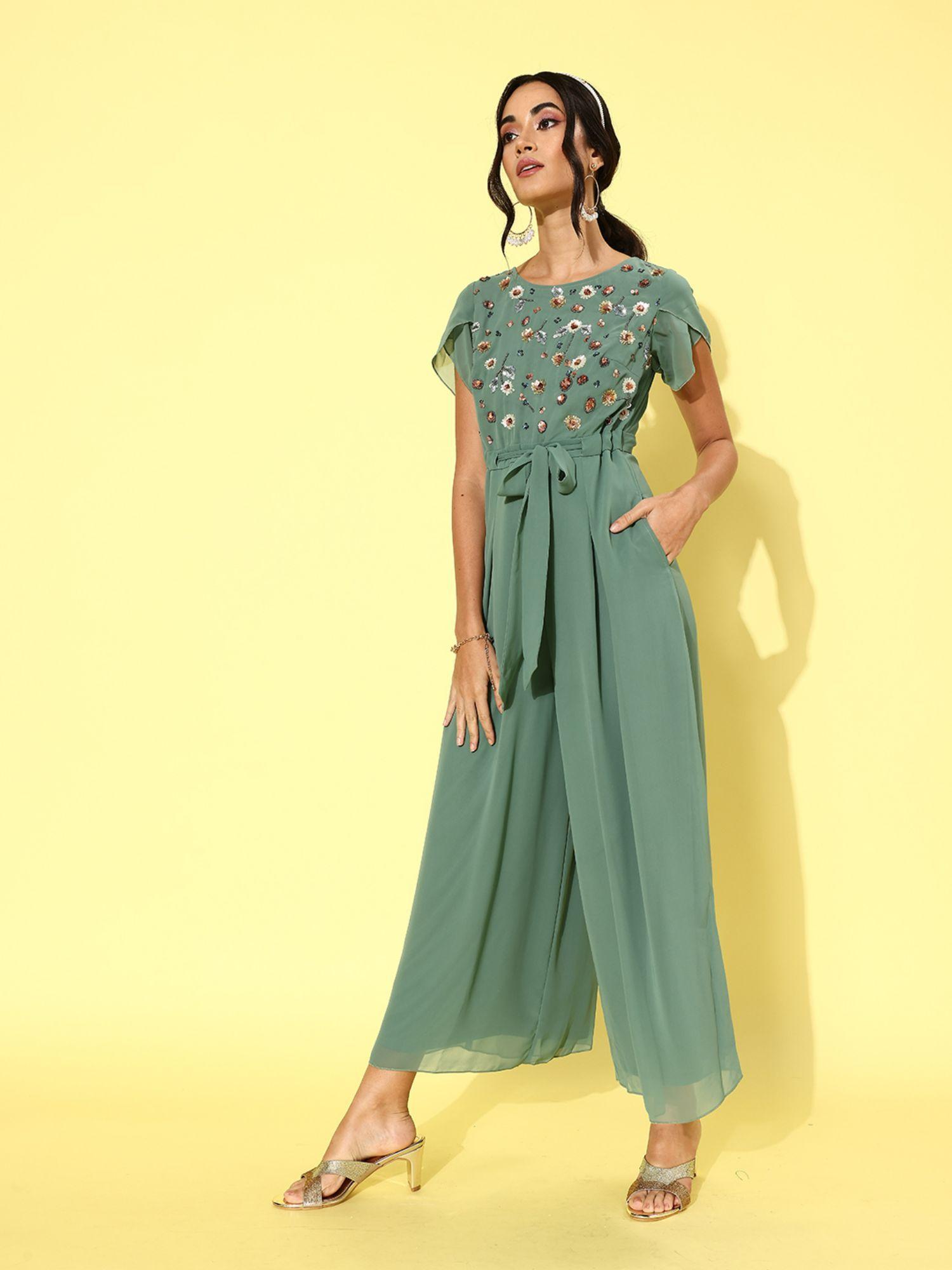 women's light green round neck tulip sleeve embroidered pleated regular jumpsuit