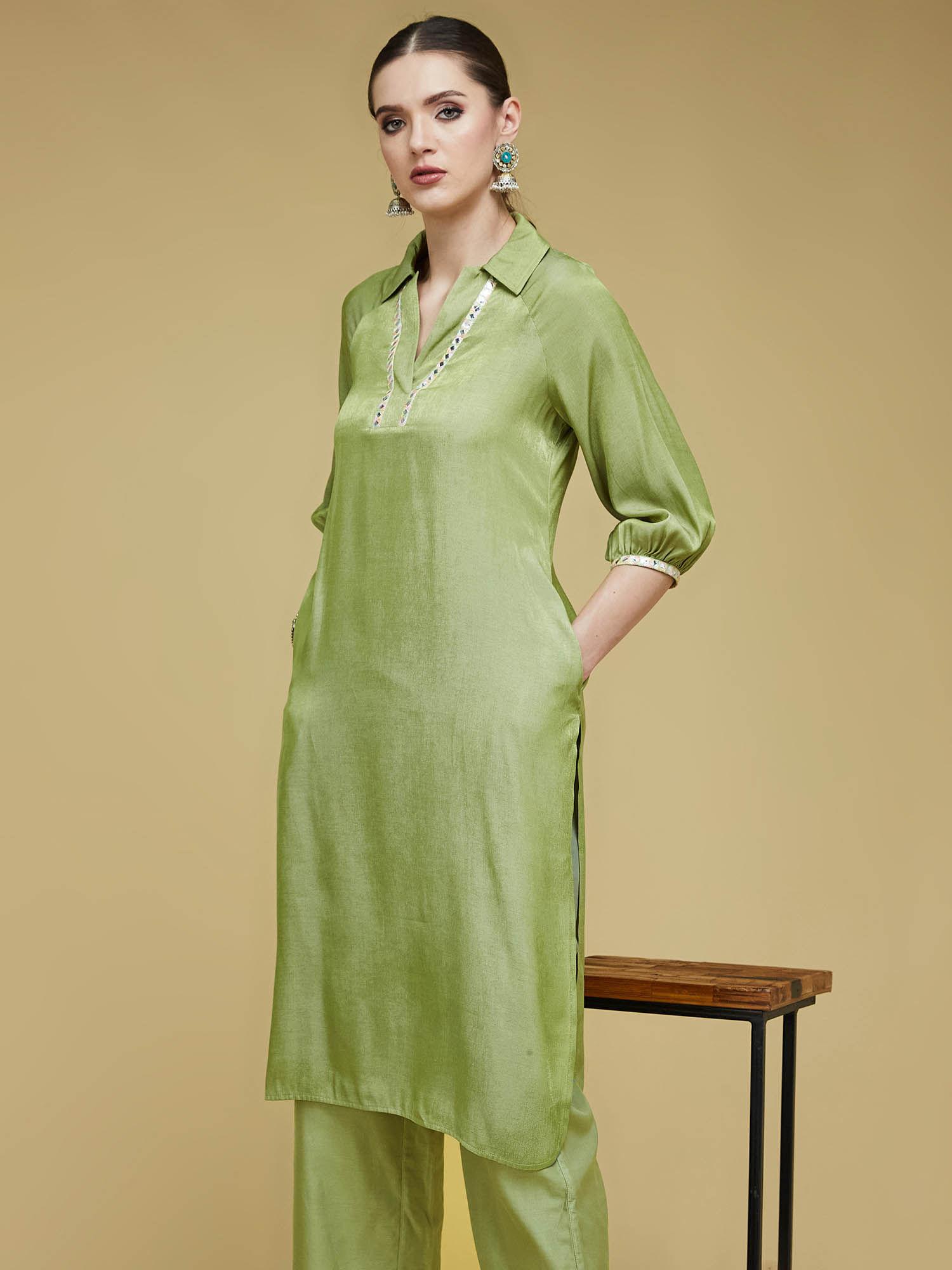 women's light green shirt collar knee long polyester kurti
