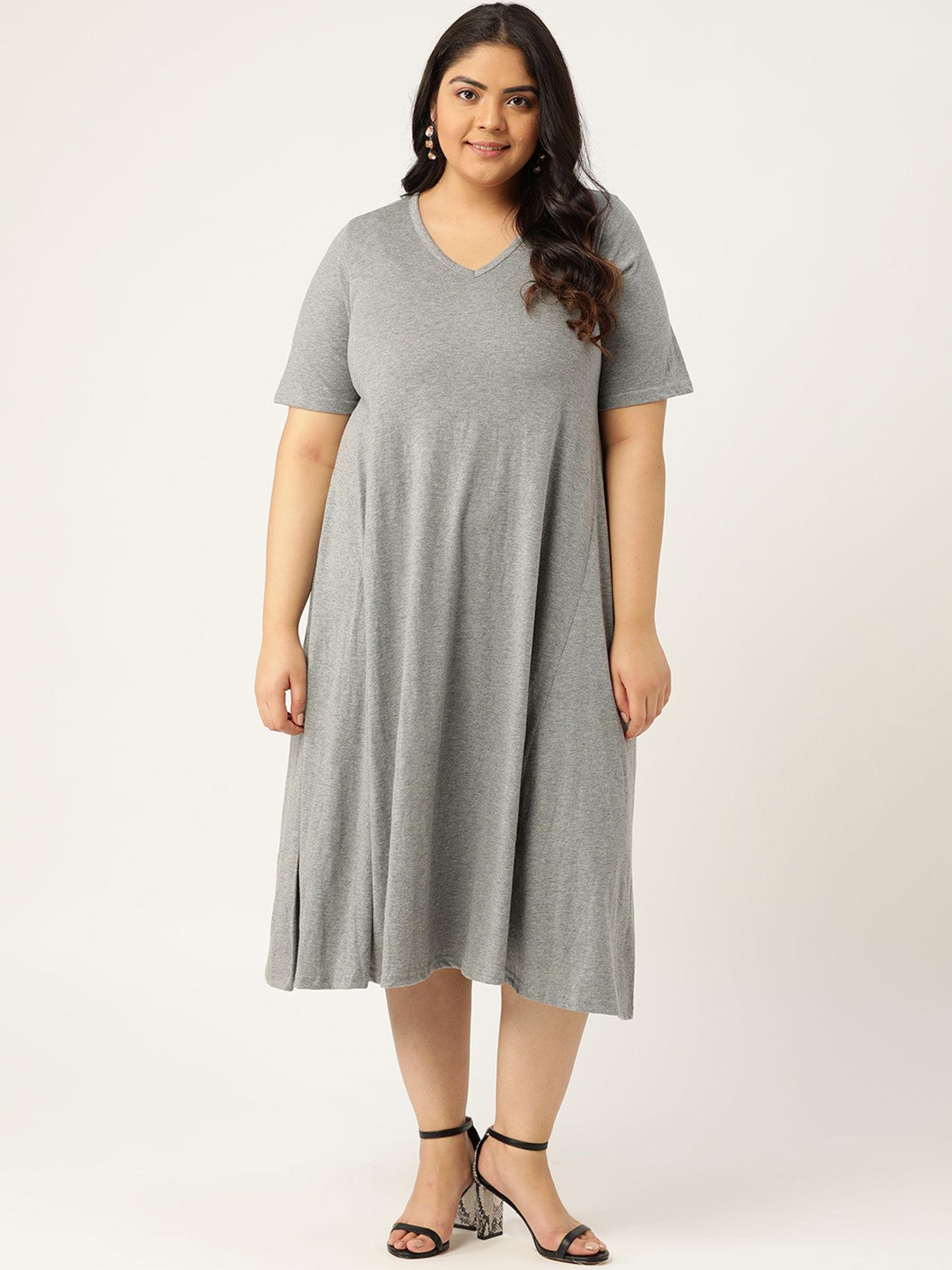 women's light grey solid color v-neck cotton a-line dress