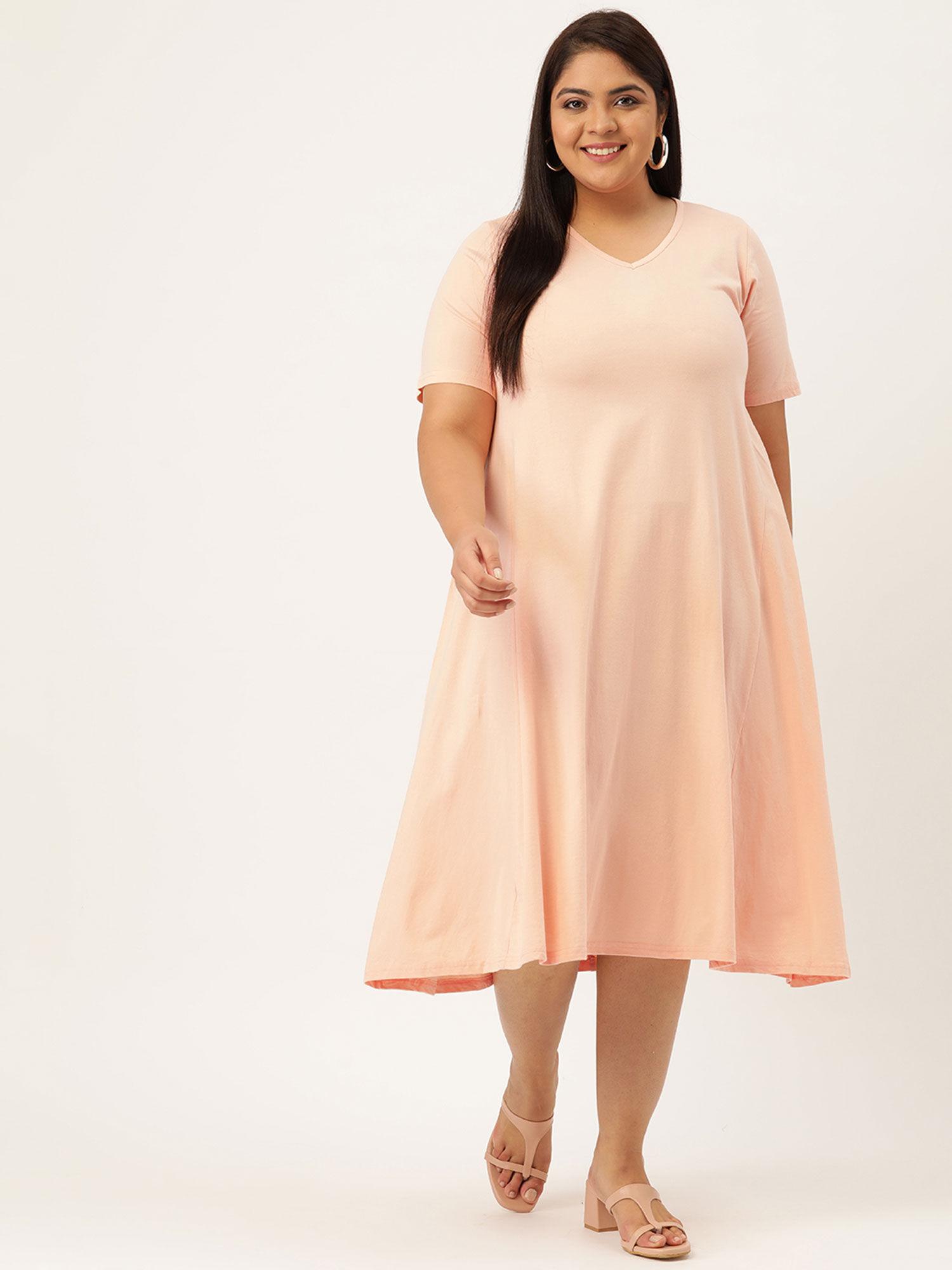 women's light peach solid color v-neck cotton a-line dress