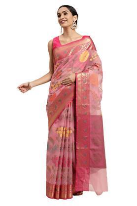 women's light pink banarasi organza saree with blouse piece - light pink