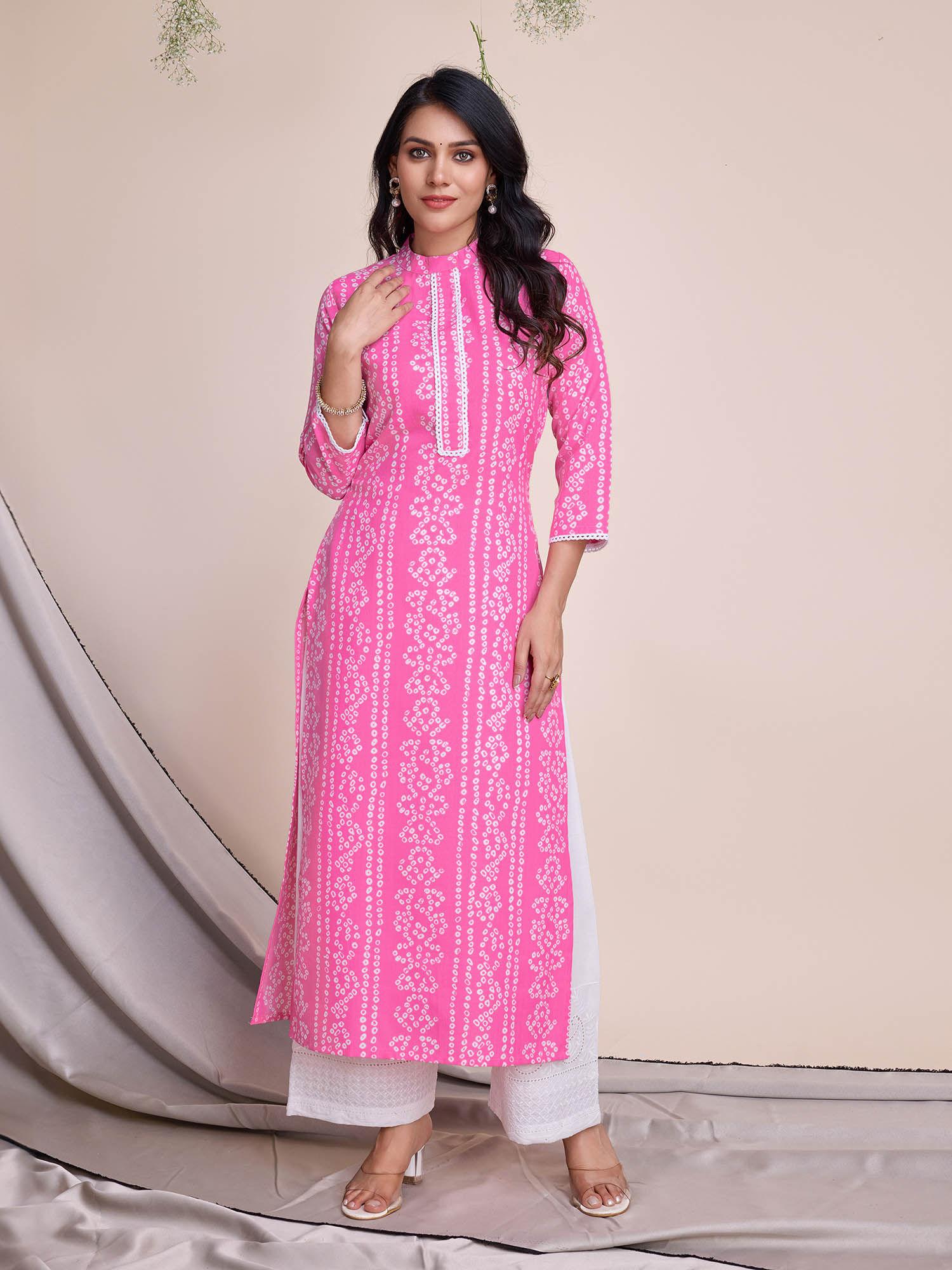 women's light pink linen bandhani straight kurta