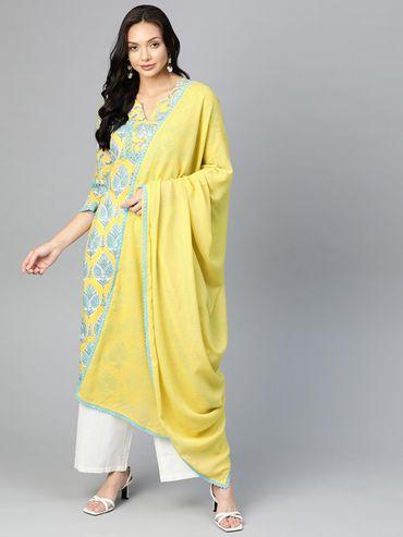 women's lime yellow & white printed kurta with trouser and dupatta (set of 3)