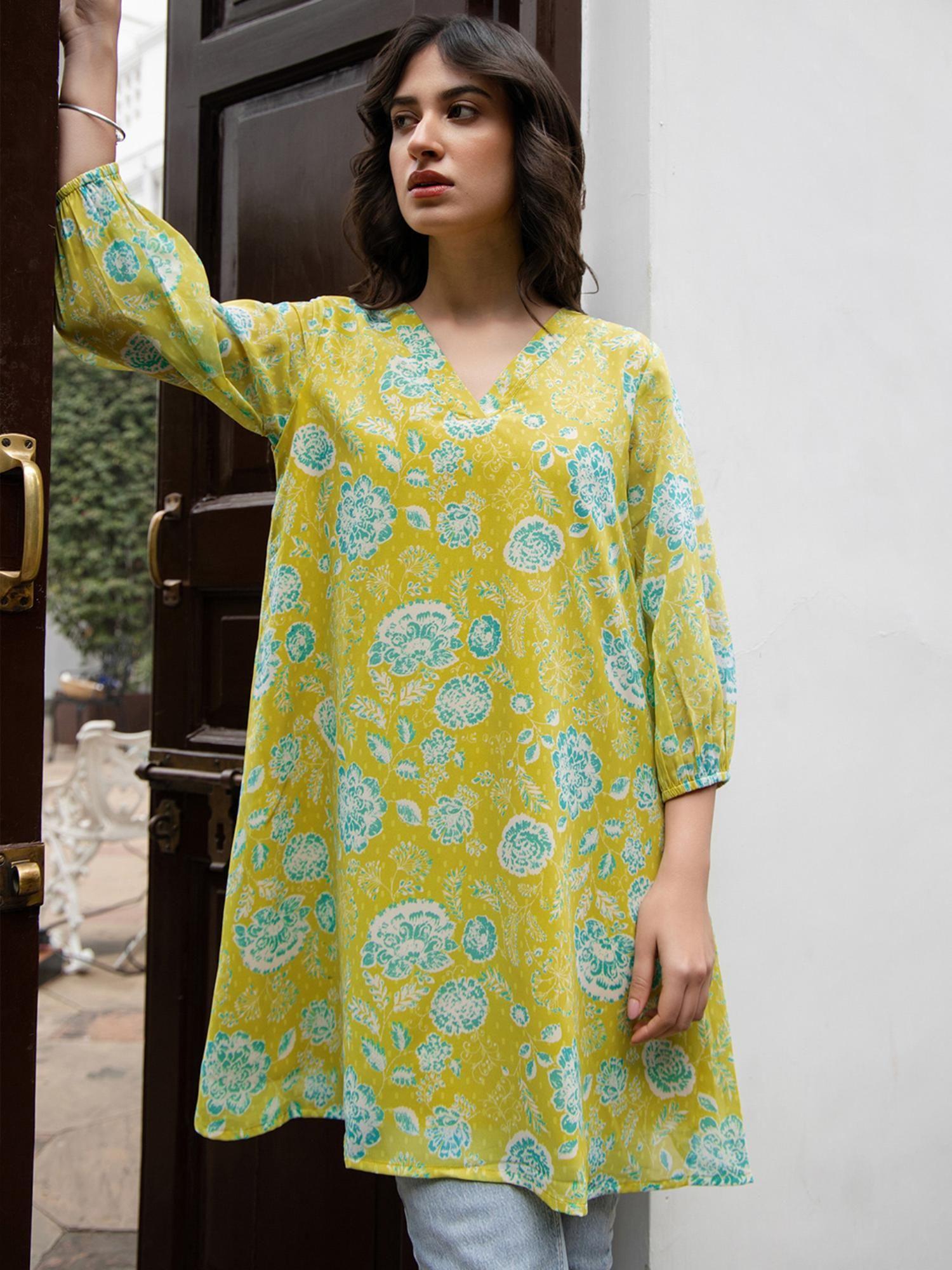 women's lime yellow georgette floral regular tunic