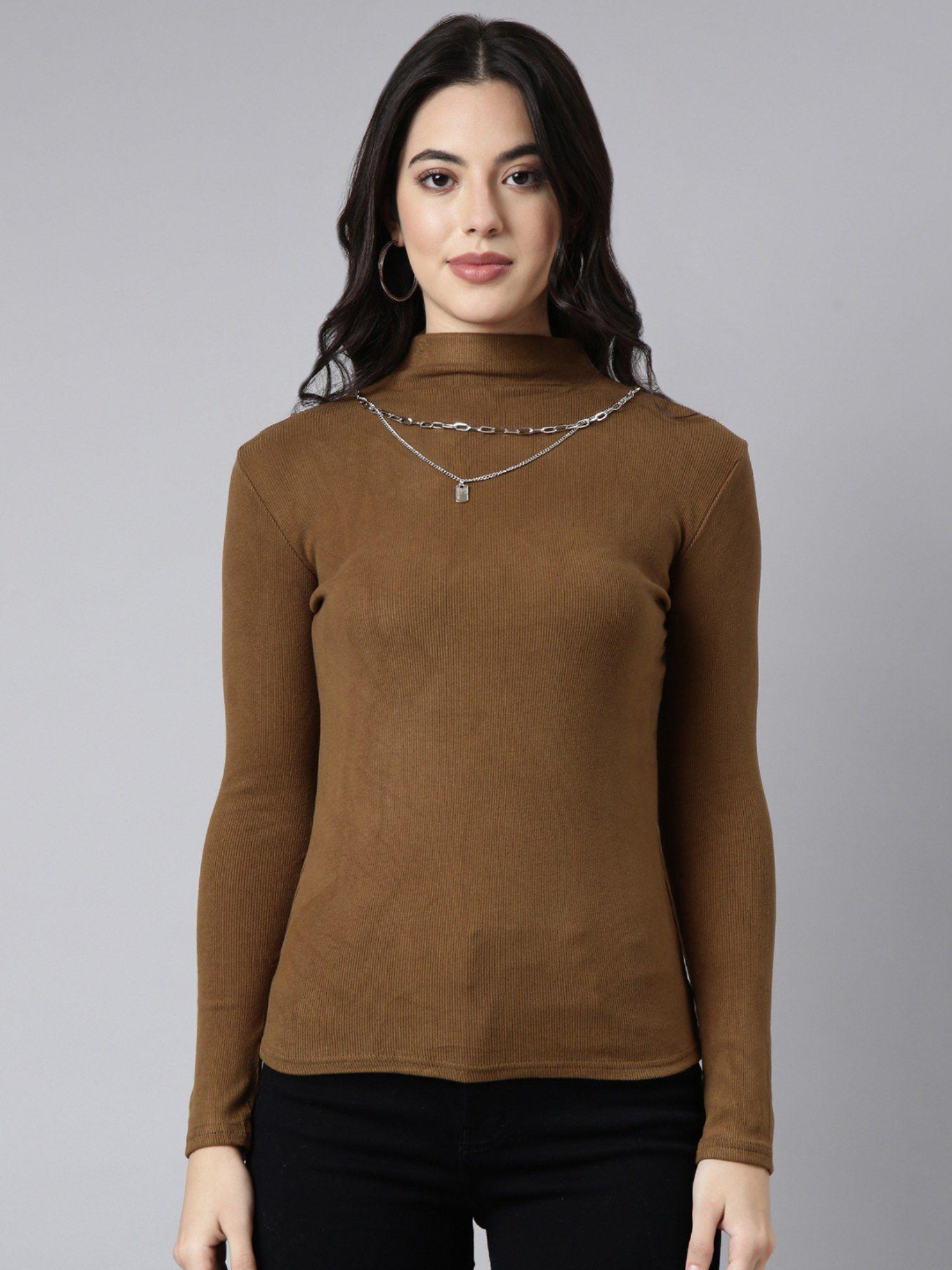 women's long sleeves high neck solid olive top with chain (set of 2)