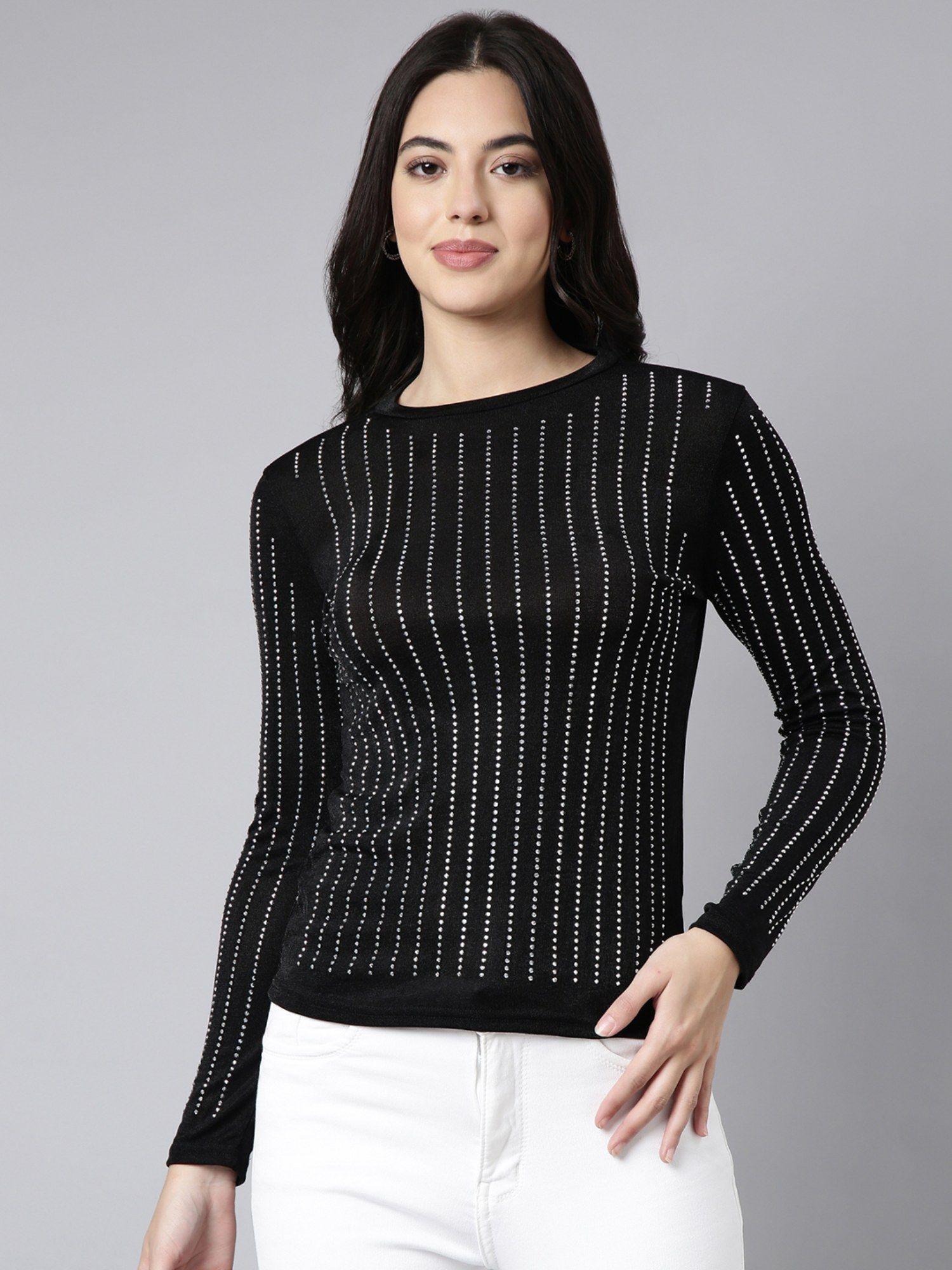 women's long sleeves round neck embellished black top