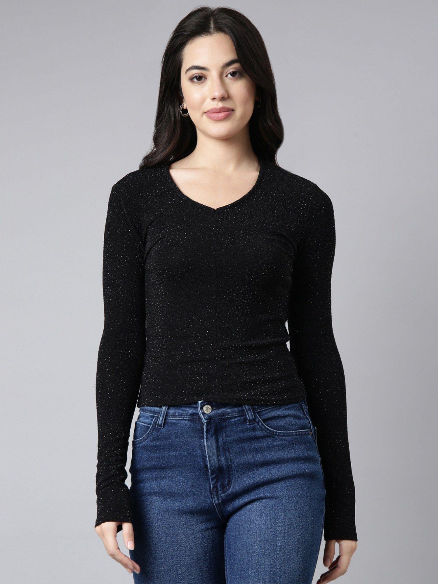 women's long sleeves round neck embellished black top