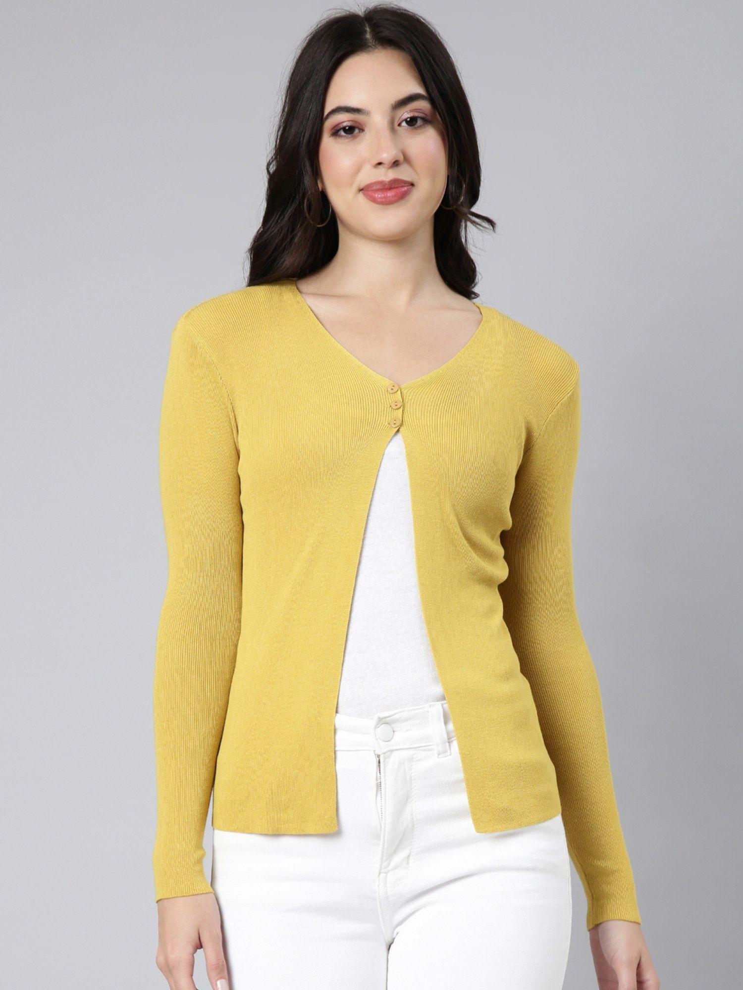 women's long sleeves solid straight mustard shrug