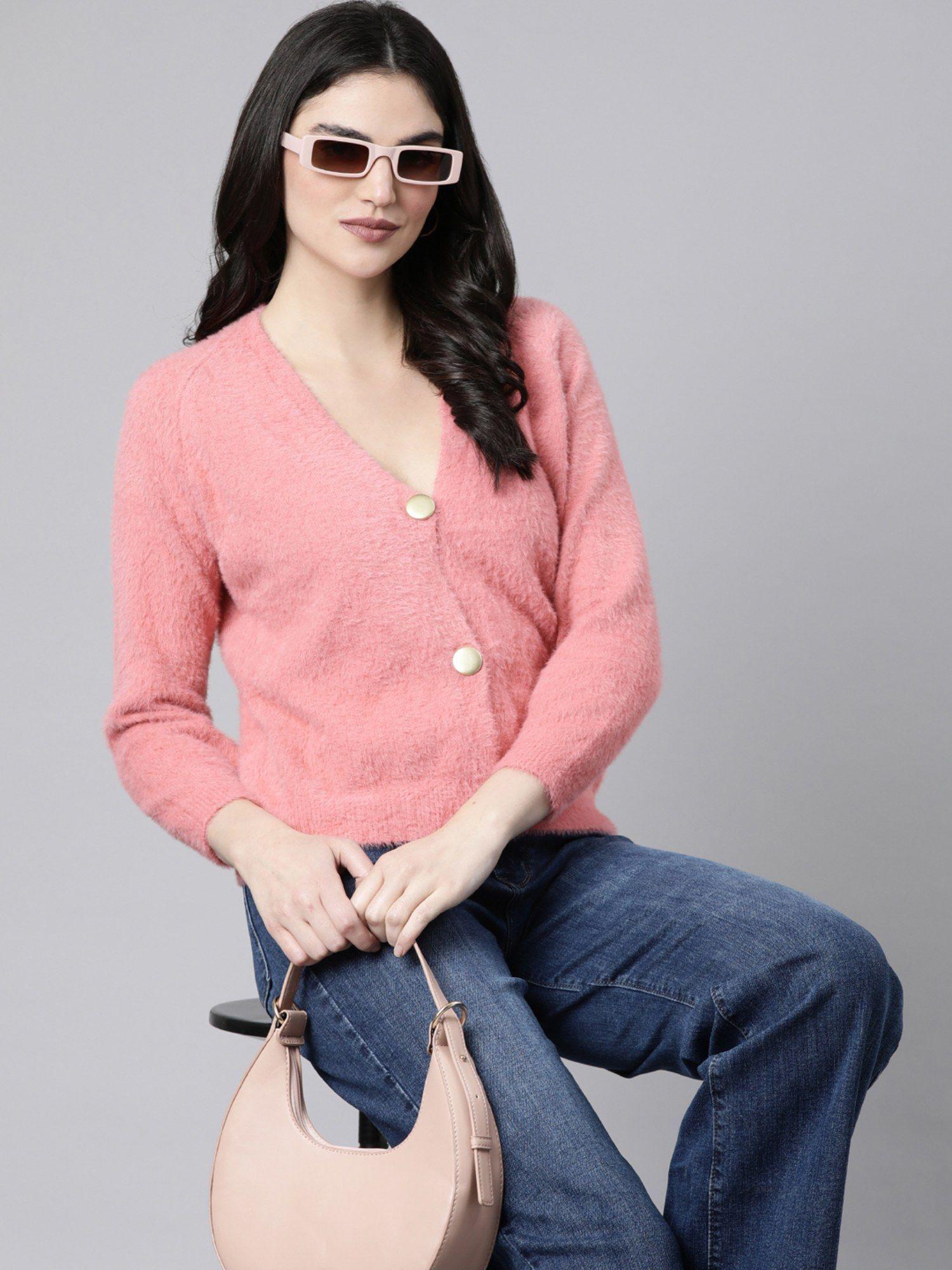 women's long sleeves solid straight peach cardigan