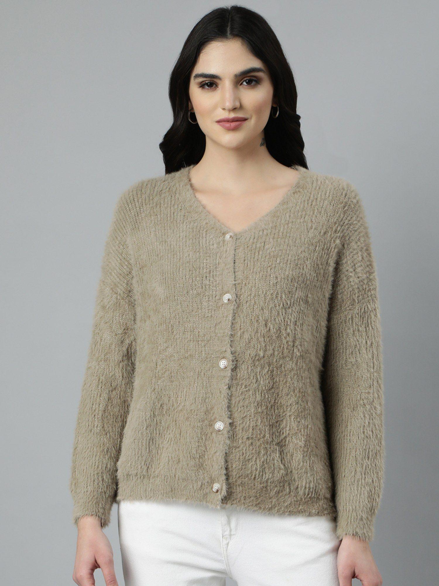 women's long sleeves v-neck solid beige cardigan