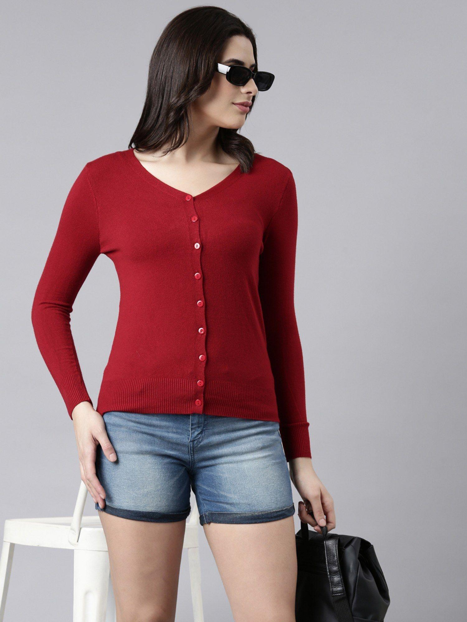 women's long sleeves v-neck solid maroon cardigan