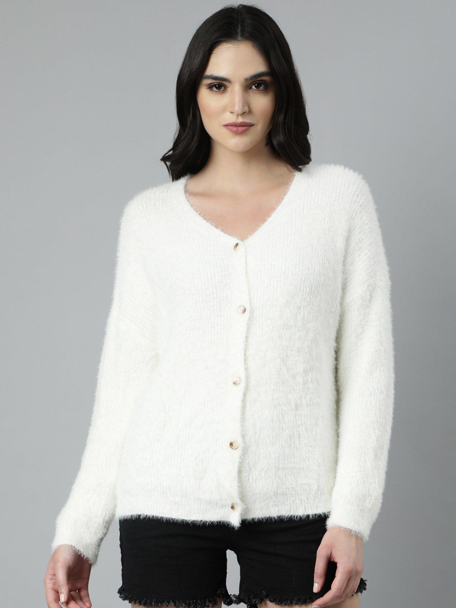 women's long sleeves v-neck solid off white cardigan