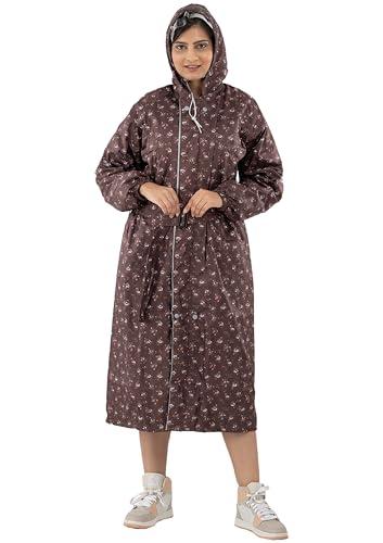 women's long waterproof raincoat with adjustable hood, belt and carrying pouch for ladies (size- 50 brown print)_drawstring and pocket, hooded long rain coat jacket