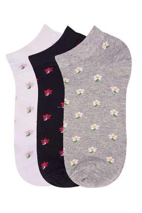 women's low ankle length flower pattern cotton socks - pack of 3 - multi