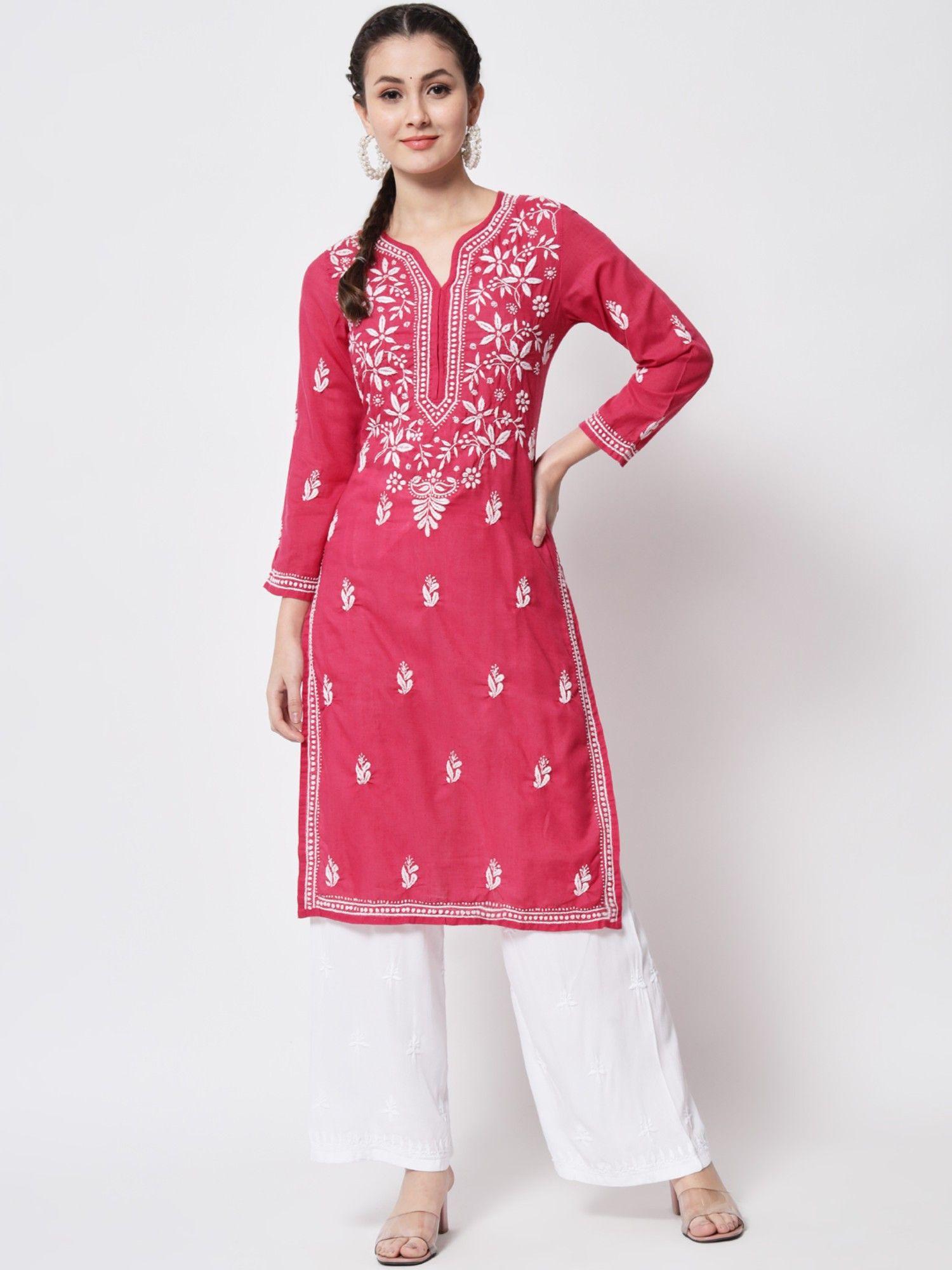 women's magenta hand embroidered chikankari cotton straight kurta