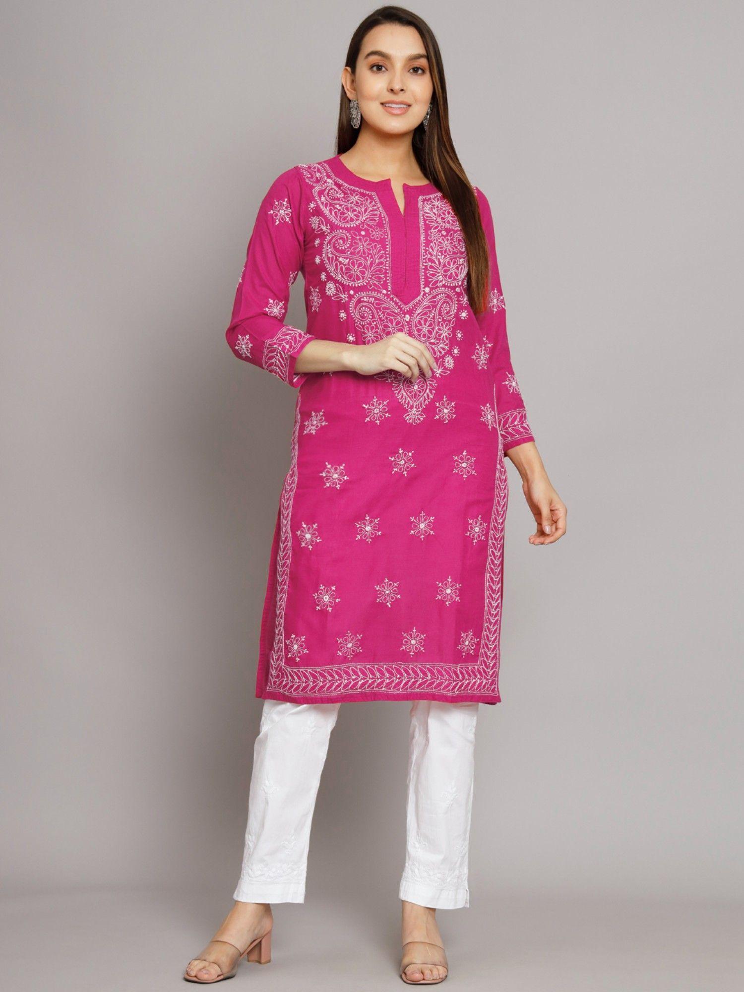 women's magenta hand embroidered chikankari cotton straight kurta