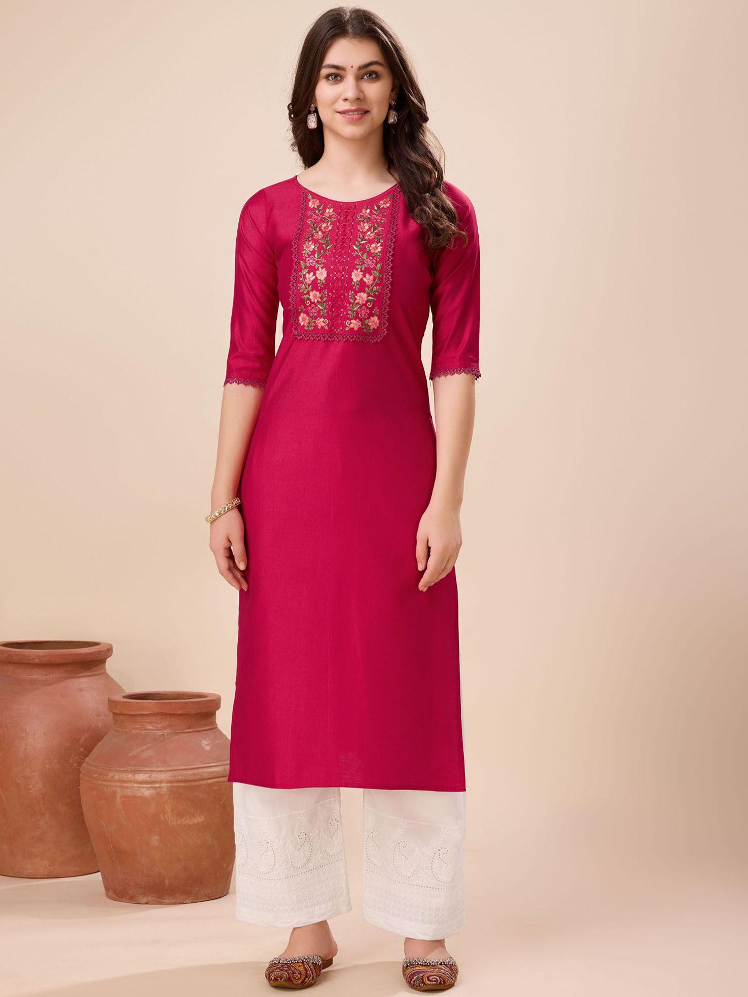 women's magenta viscose sequined embroidered straight kurta