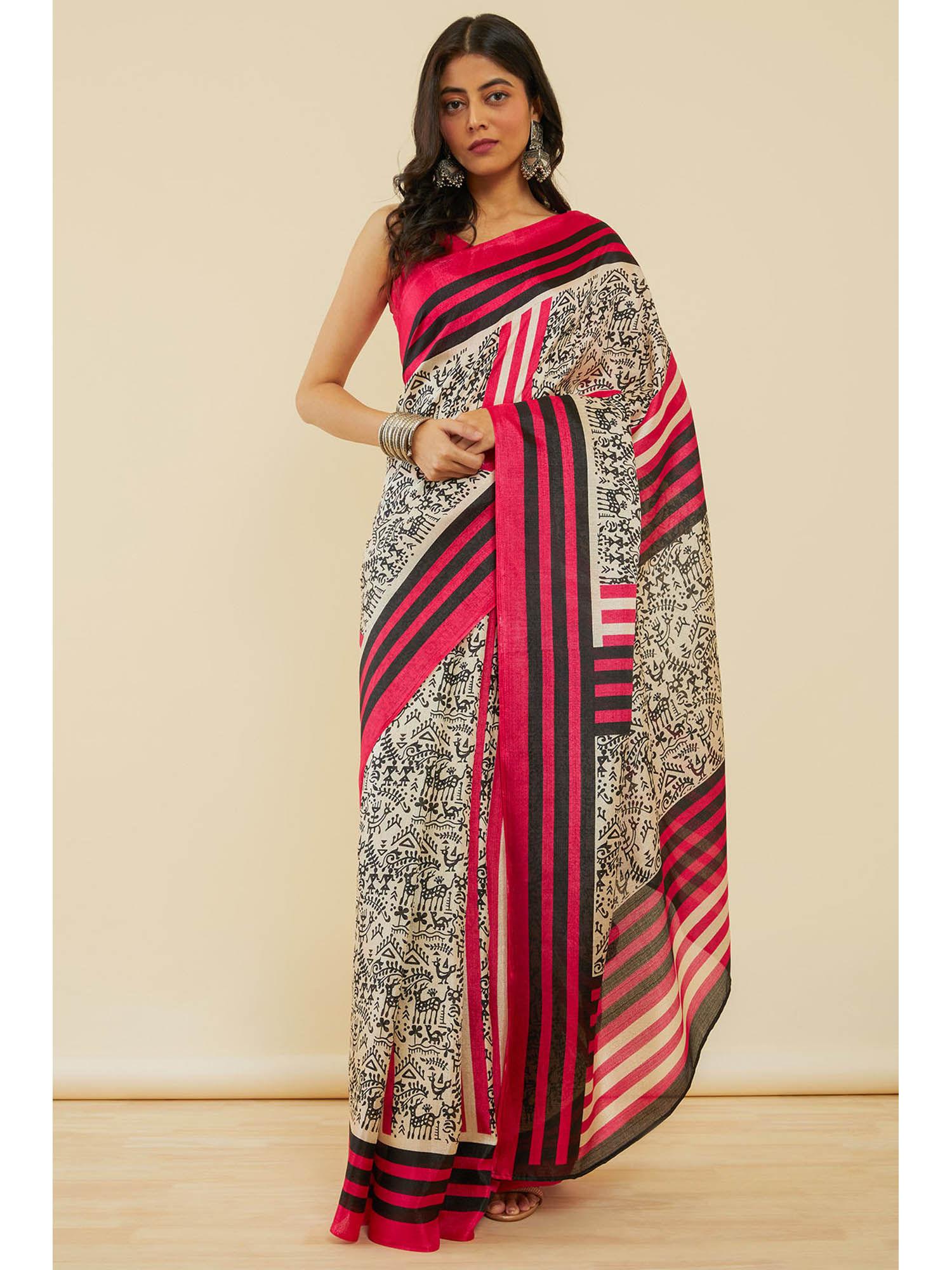 women's magenta warli print art silk saree with unstitched blouse