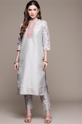 women's mandarin poly silk kurta and pant set - grey