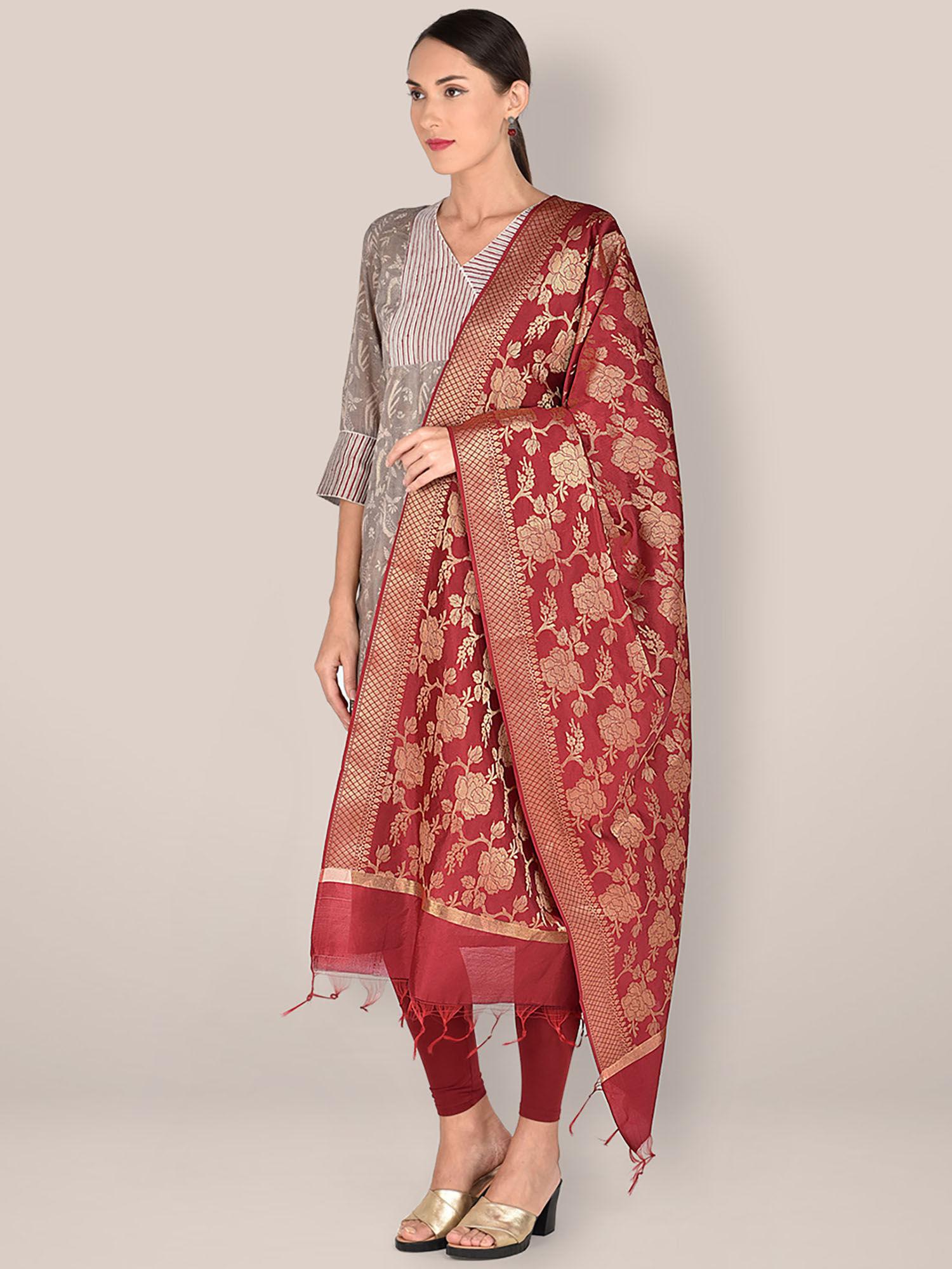 women's maroon banarasi silk dupatta