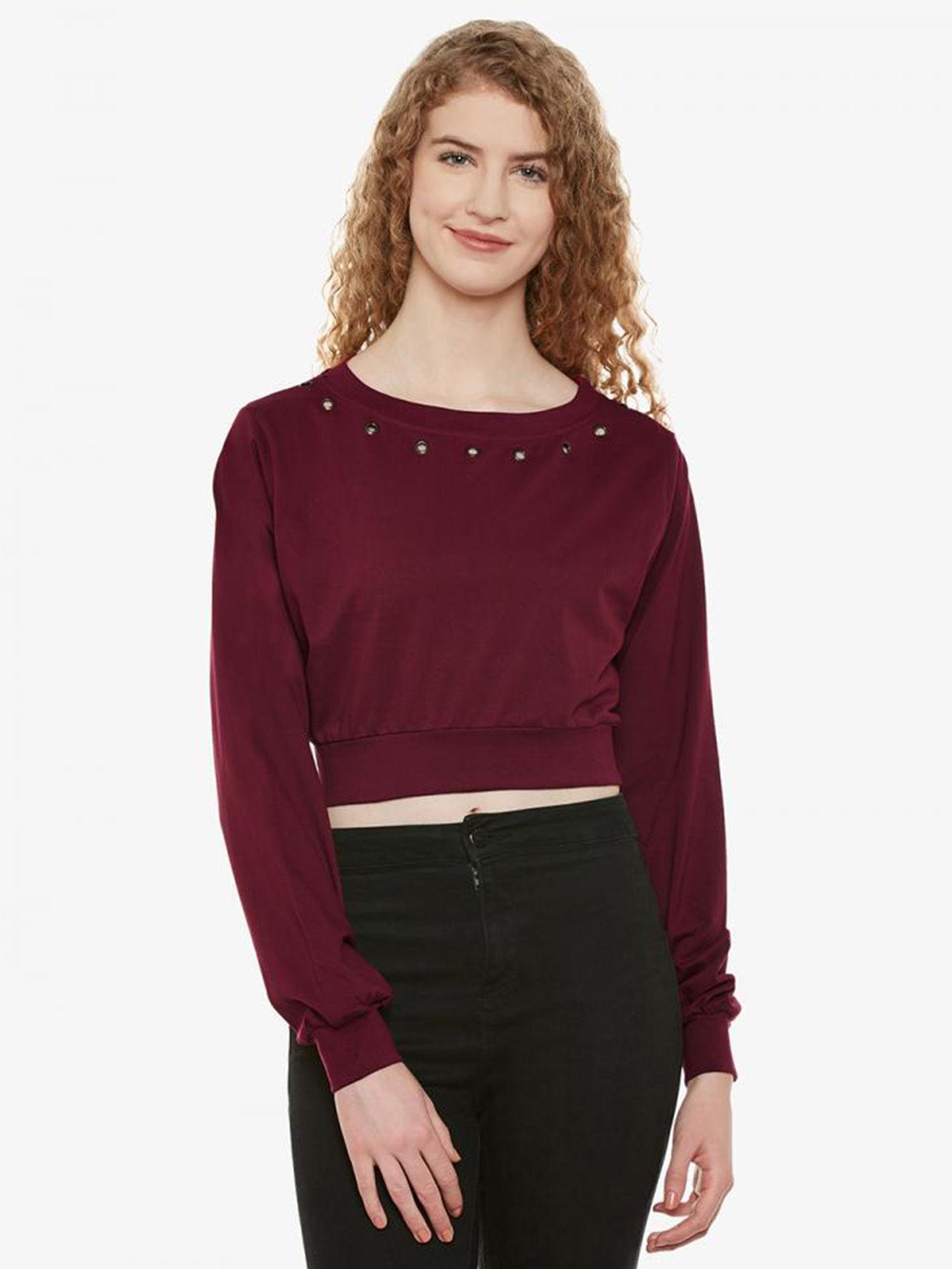 women's maroon boat neck full sleeve solid boxy crop top