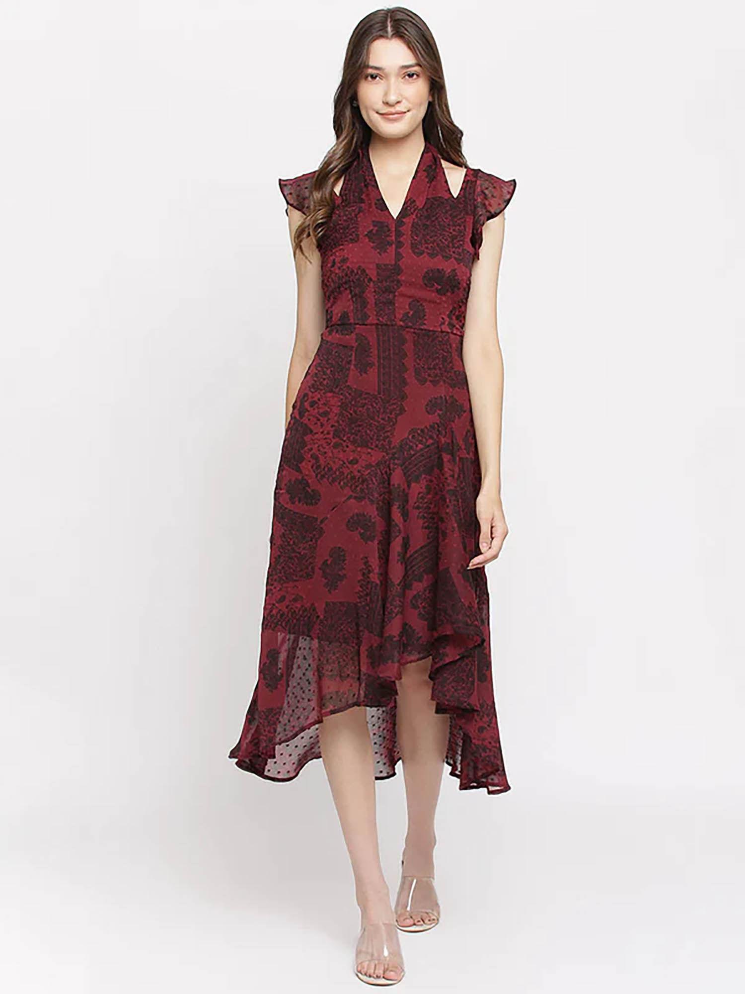 women's maroon cap sleeve midi dress