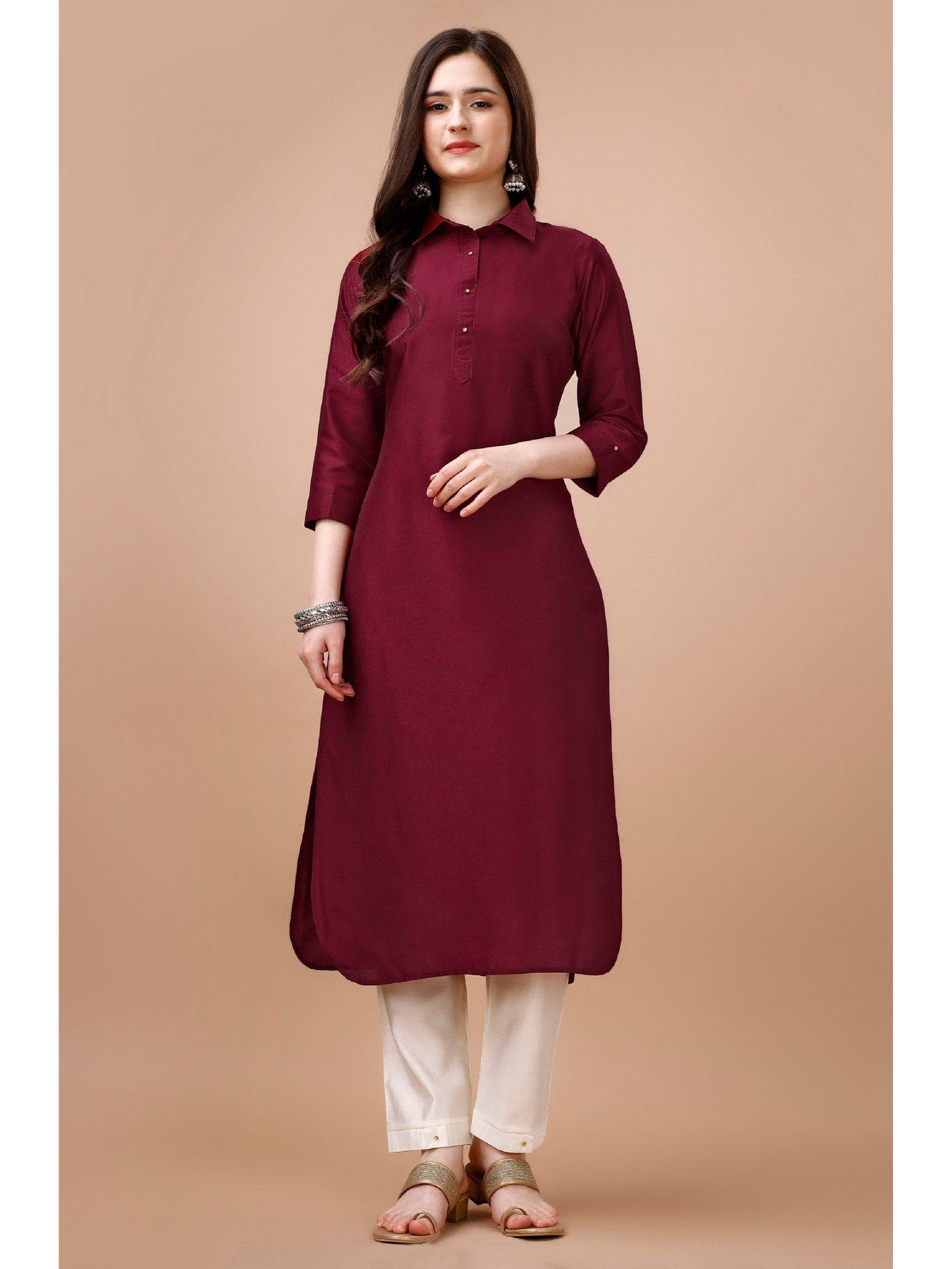 women's maroon chinon silk solid calf length straight pathani kurta