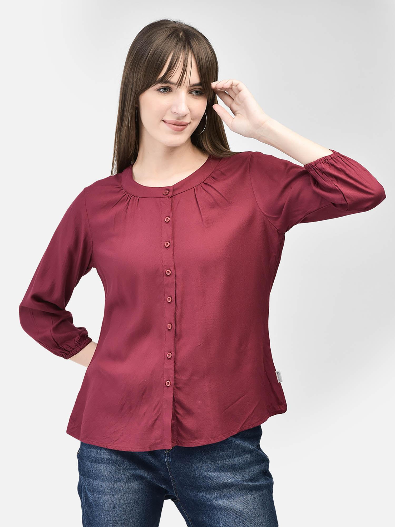 women's maroon collarless shirt